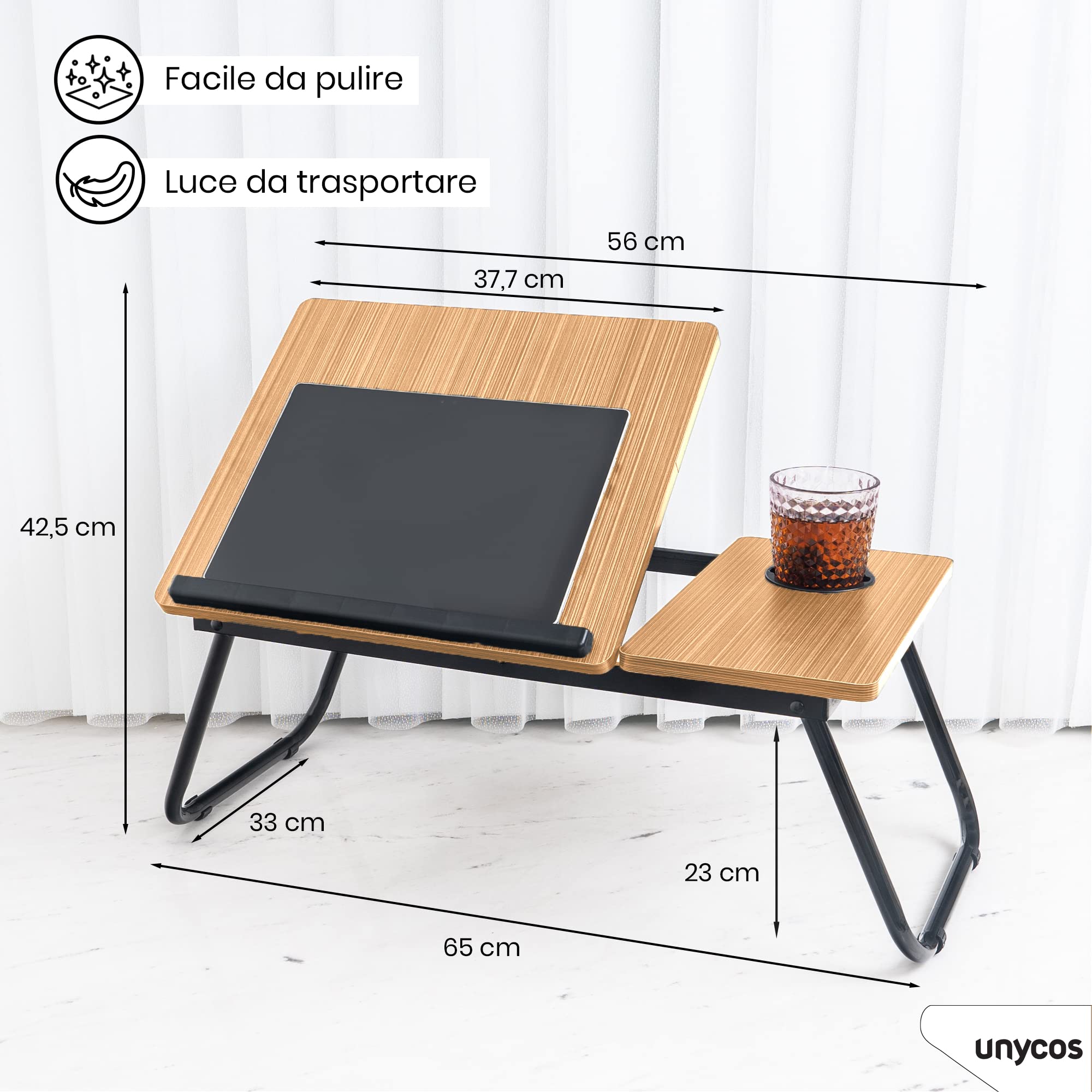 unycos - Vassoio per la Colazione e da Letto, Tavolo Pieghevole PC Portatile【Fino a 15,6"】56x33x23cm (22,04"x12,99"x9,05") 5 Livelli di Inclinazione, Leggio e Slot per Tazza, Supporta 20 kg (Noce)