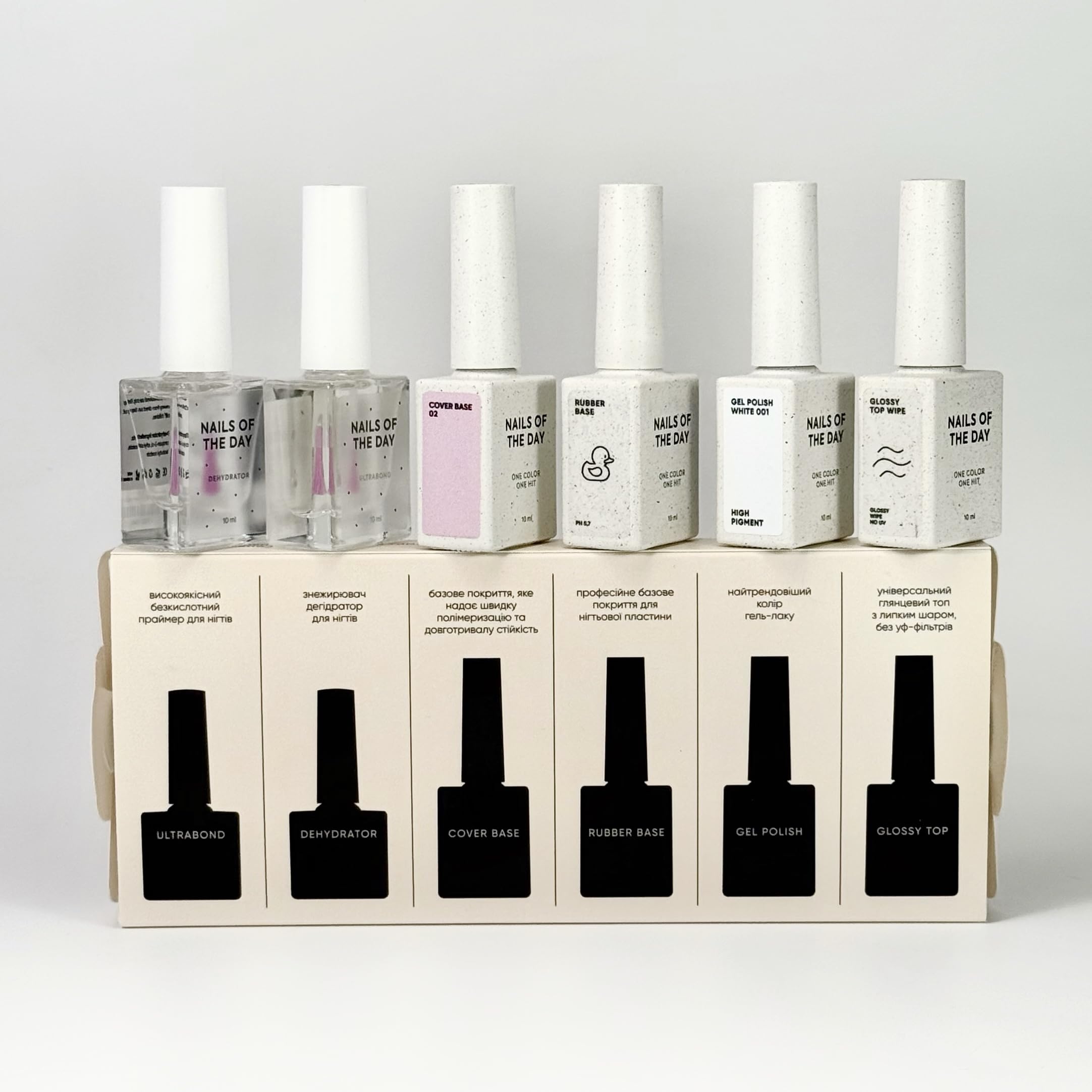 NAILSOFTHEDAY WELCOME NOTD BOX Kit Starter Manicure Dehydrator, Ultrabond, Rubber Base, Cover Base New Formula 02, Gel Polish Let's Special White 001 e Glossy Top Wipe, 10 ml c/u