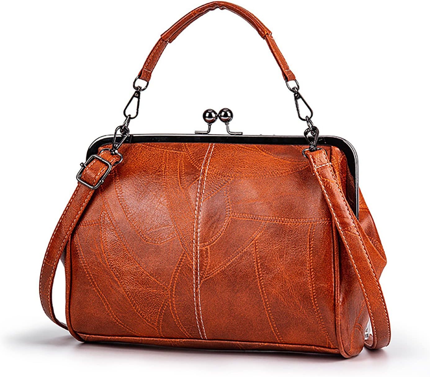 Women Vintage Hollow Handbag Oil Leather Shoulder Crossbody Bag Clutch Satchel Purse with Kiss Lock Closure - Image 2