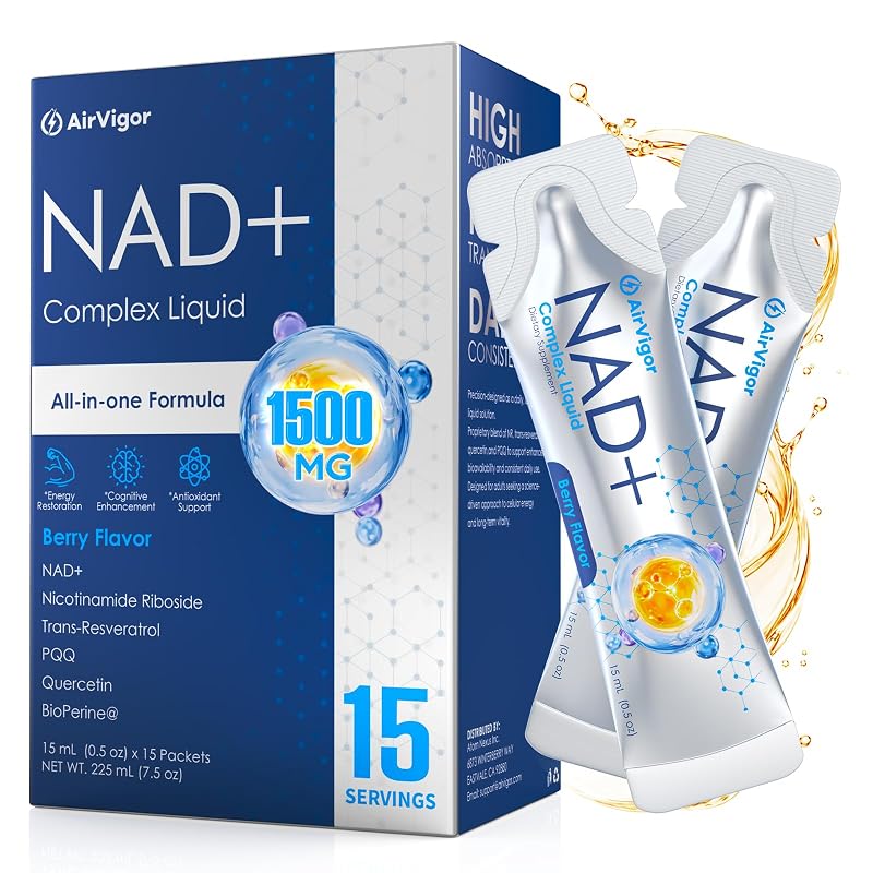 AirVigor Suplemento de NAD+ líquido com NR, trans-resveratrol, quercetina e PQQ 1.500 mg, 15 sachês