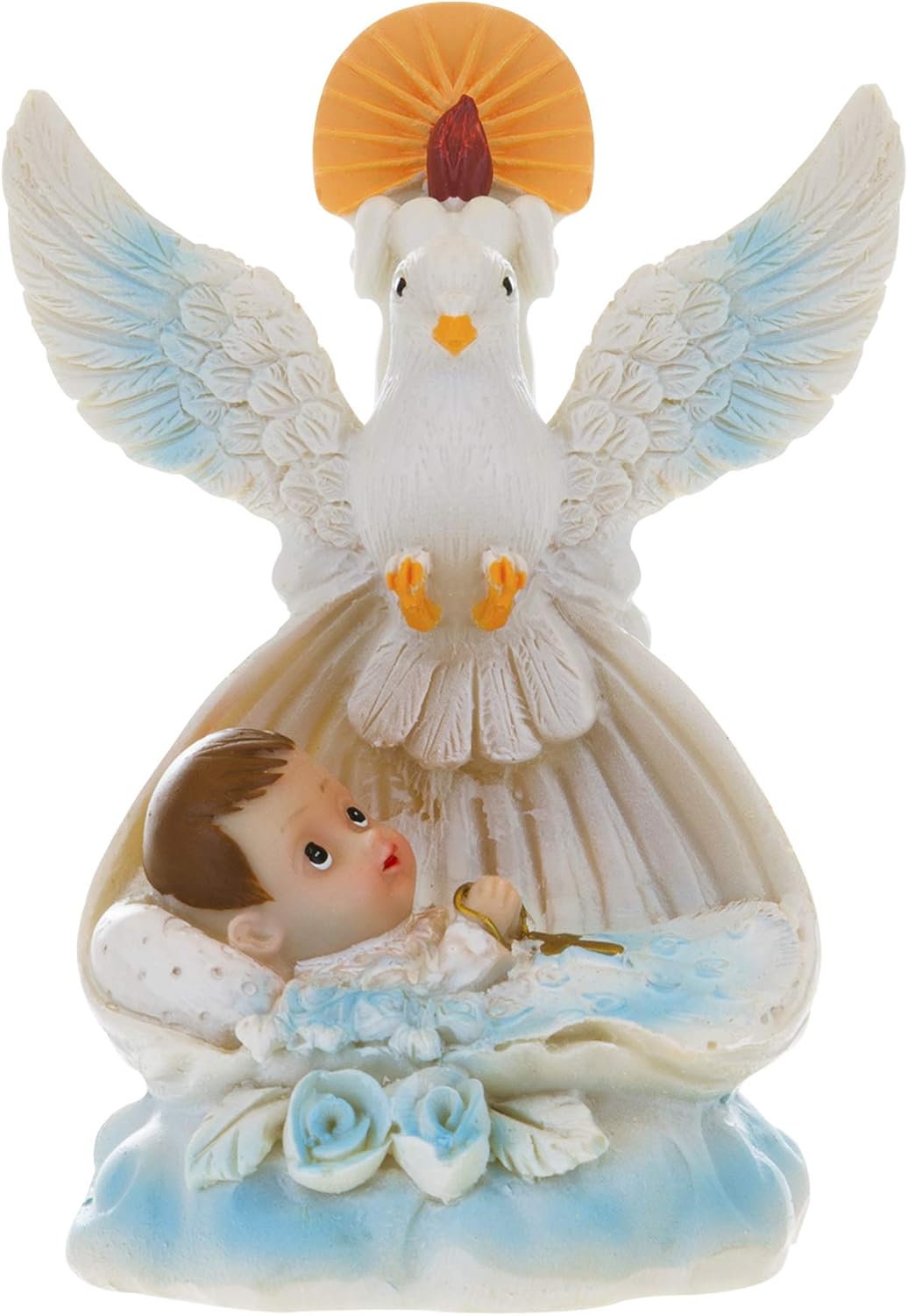 Lunaura Religious Keepsake - Set of 12"Boy" Baby Laying in Basket with Dove and Candle Favors - Blue