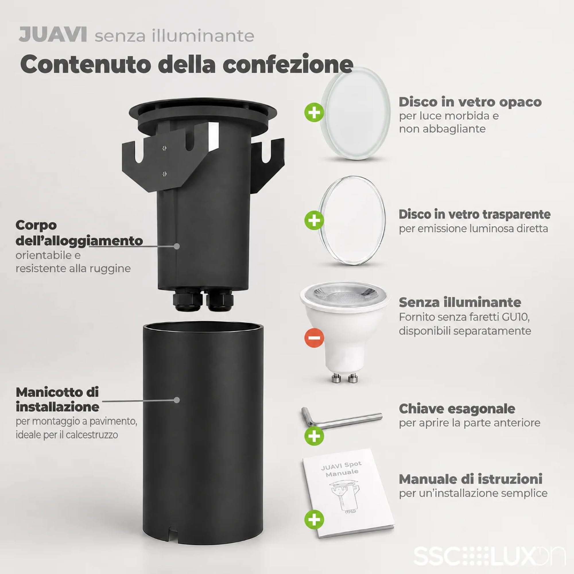 SSC-LUXon JUAVI Argento Tondo - 4 Faretti Incasso GU10 IP67 Esterno | segnapasso orientabile, carrabile fino a 2000 kg, doppio vetro satinato e trasparente, attacco GU10, senza lampadina