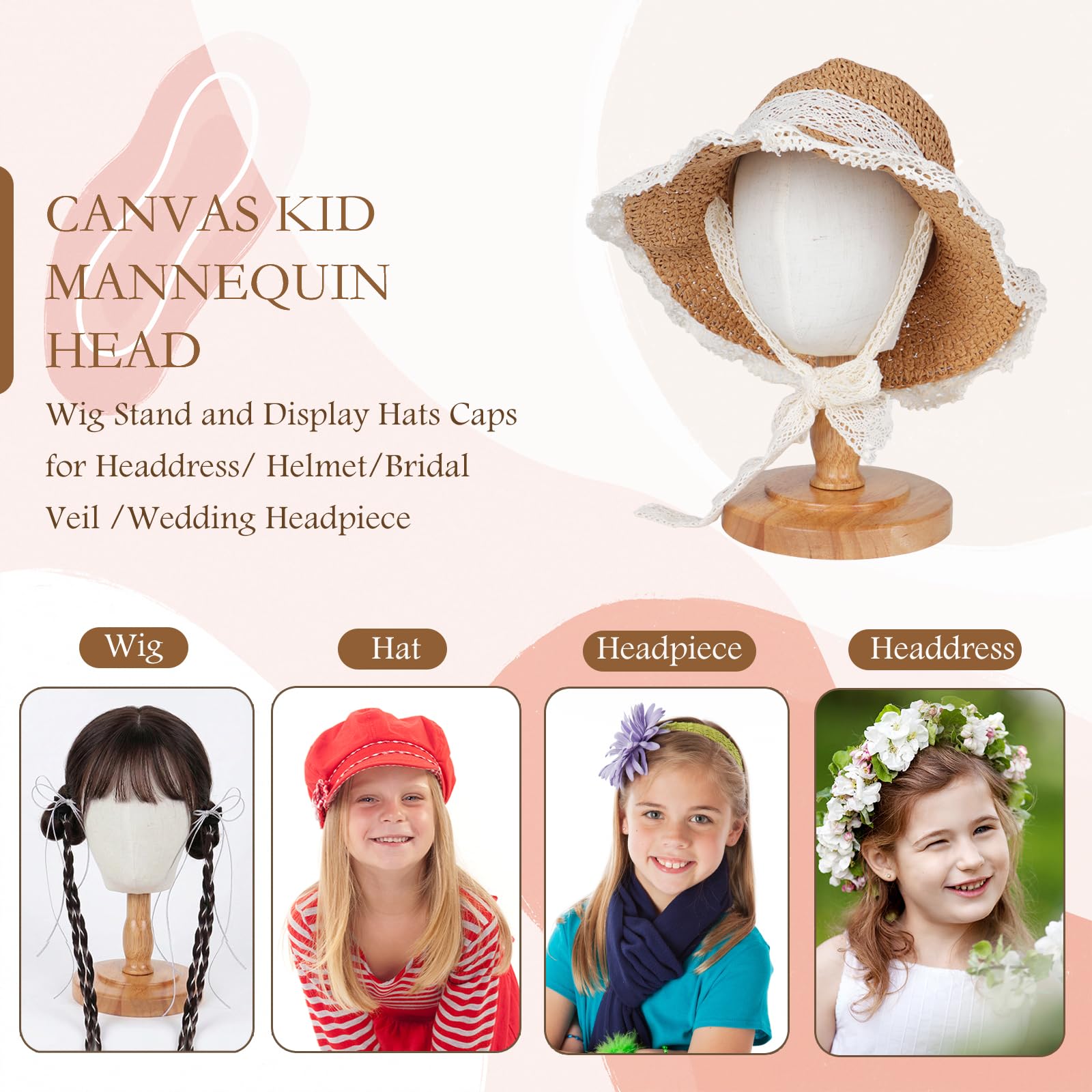 DiazySight Cabeza de maniquí para niños, sin pinnable, soporte de lino para sombreros con base de madera resistente, para mostrar sombreros, lazos, diadema, ganchillo, tamaño: 50cm