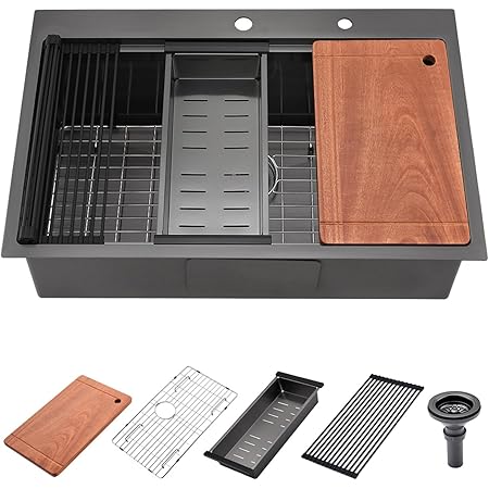 Black Kitchen Sink Drop In, 33"x22" Topmount Ledge Workstation Kitchen - View #4