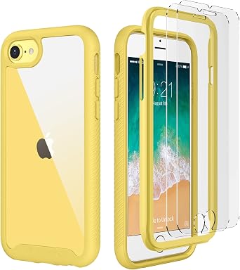 CellEver Clear Full Body Case for iPhone SE 2020 iPhone 7/8, Heavy Duty Protection with Anti-Slip TPU Bumper and [2 Tempered Glass Screen Protectors] Shockproof Transparent Phone Cover Yellow