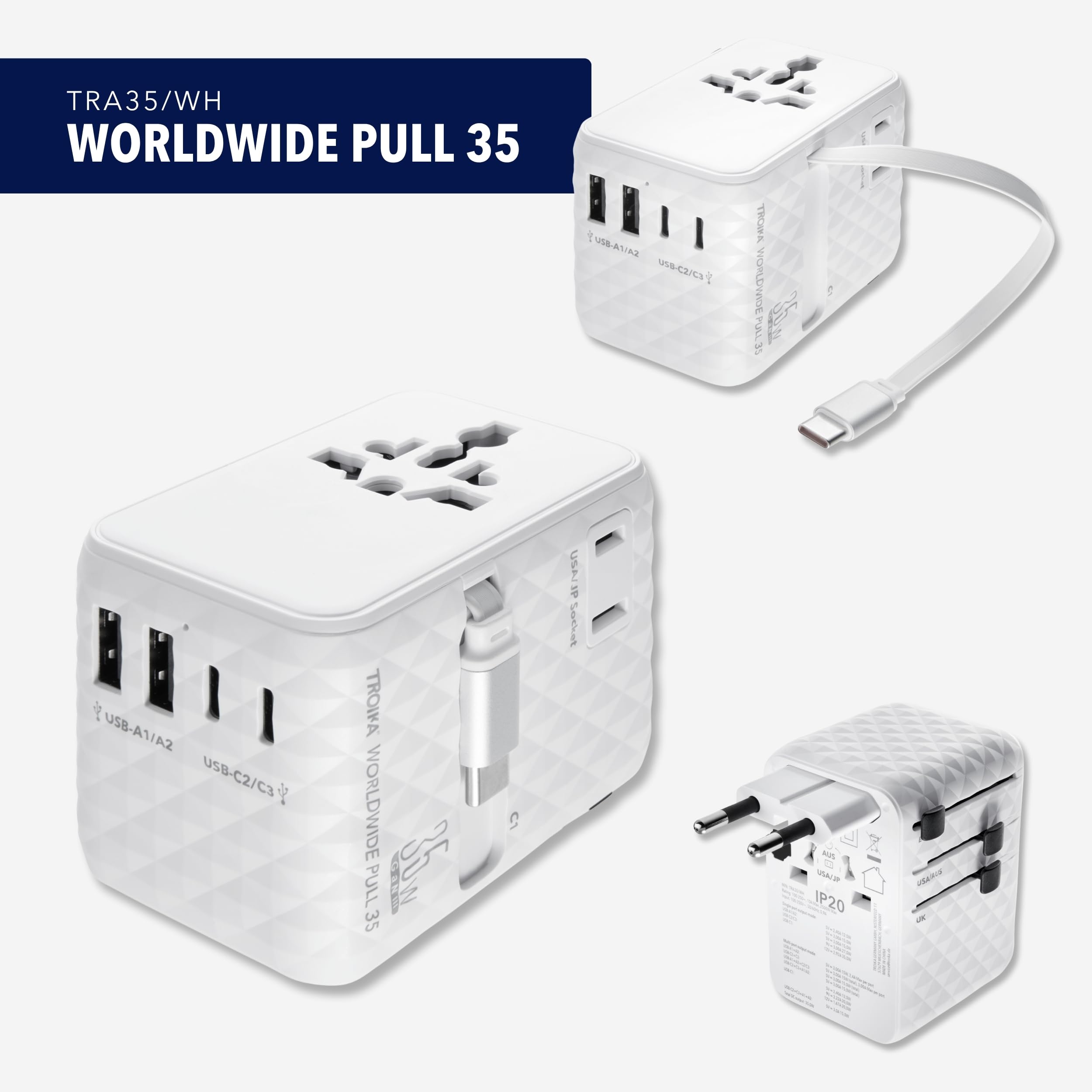 TROIKA Worldwide Pull 35 adapter podróżny na całym świecie/USA/WYŁ.UK/UK + USA/JP wraz z kablem USB-C do szybkiego ładowania i nadaje się do wszystkich powszechnie stosowanych gniazd wtykowych 5 w
