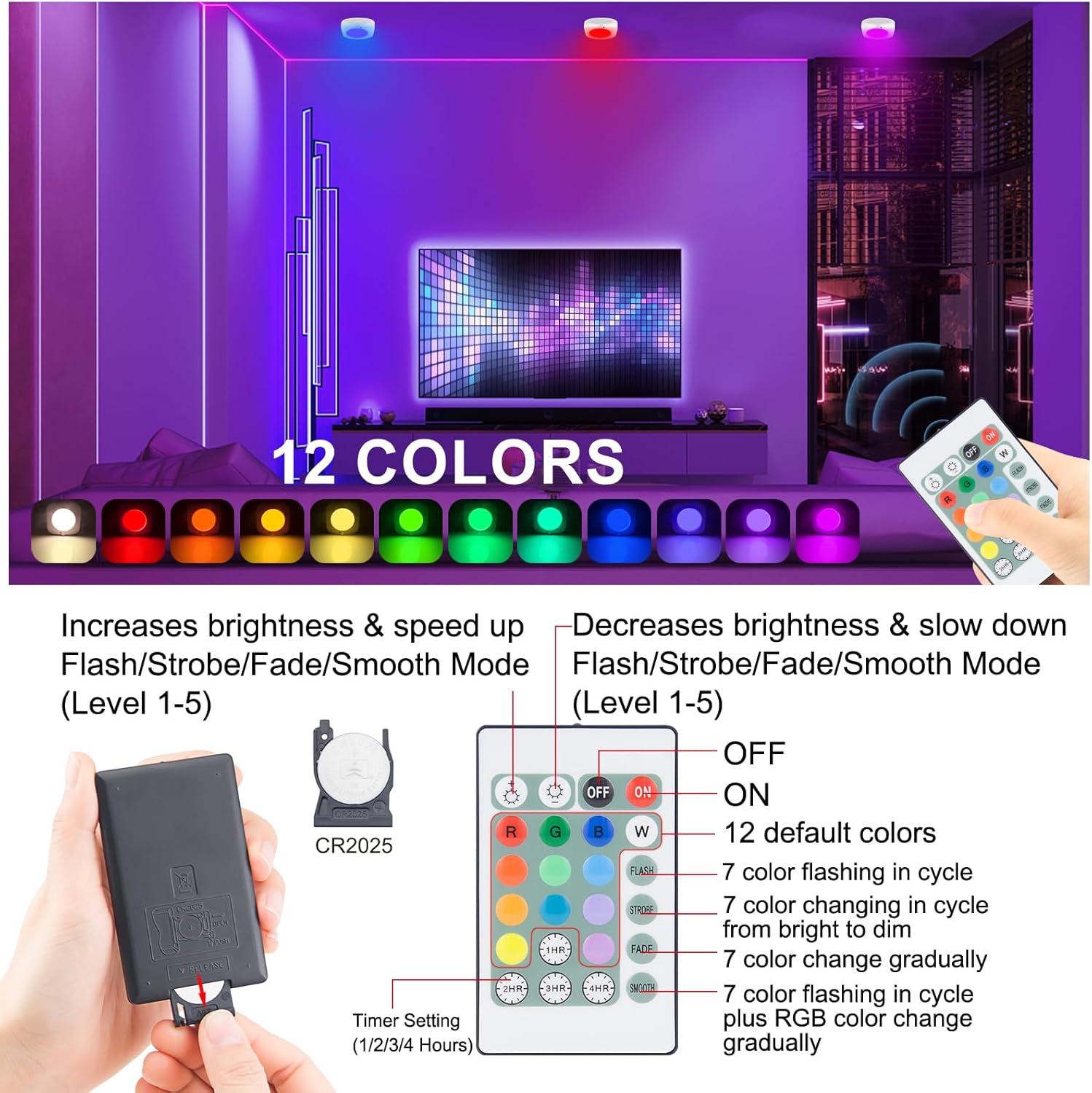 LUXSWAY Battery Operated Ceiling Light, 12 Color Changing Lights with Remote and Timer Indoor, 250 Lumens, 6.7 Inch, LED RGB Shower Light for Cabinet Shed Pantry Corridor Hallway,1 Pack