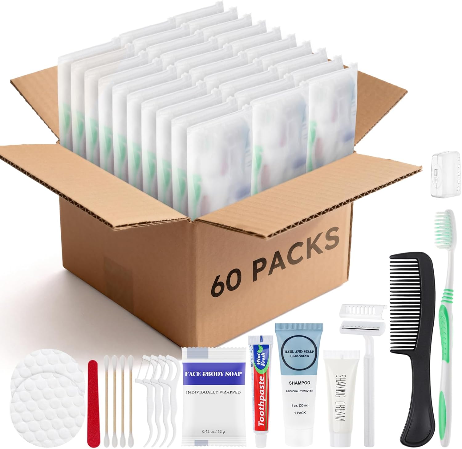 Travel Size Toiletries Kits Disposable Toiletry Set in Bulk, Portable Trial Size Personal Hygiene Care Package Supplies Amenities Essentials for Camping/ Hotel/Guest/Homeless/Charity 9-in-1 (60 Pack)