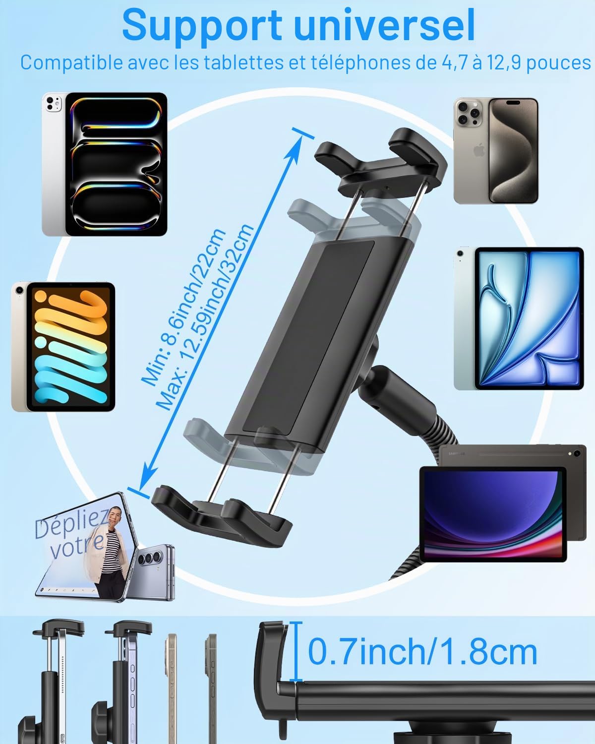 Support de tablette col de cygne pour fauteuil roulant, poussette, bateau, support de micro, tapis de course, vélo d'intérieur, collier de serrage de guidon de vélo, compatible avec iPad Pro