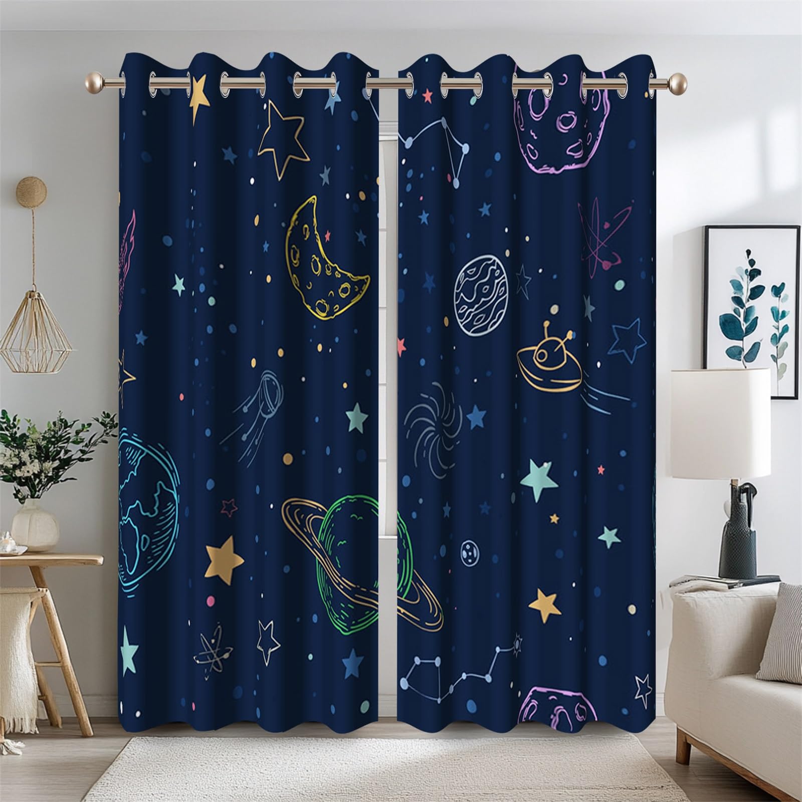 Ttincceer Navy Blue Space Blackout Curtains Cartoon Stars Planets Theme Galaxy Curtains for Kids Bedroom Outer Space Drapes with Grommet Nursery Space Decor Curtain 2 Panels 117x183cm
