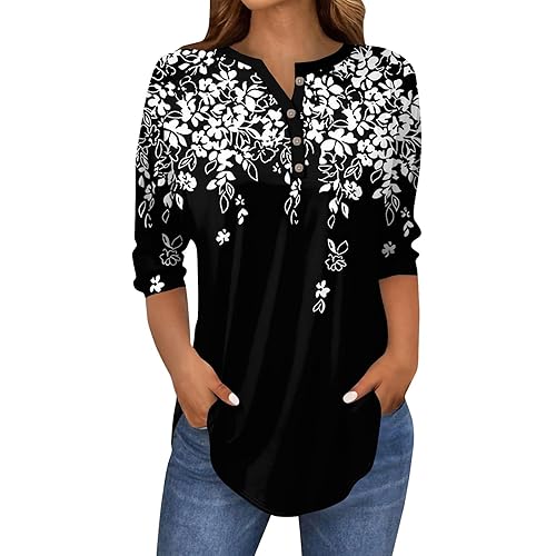3/4 Length Sleeve Womens Tops Spring Henley Neck Fashionable Button Down Top Basic Tees Blouses Loose Fit Pullover