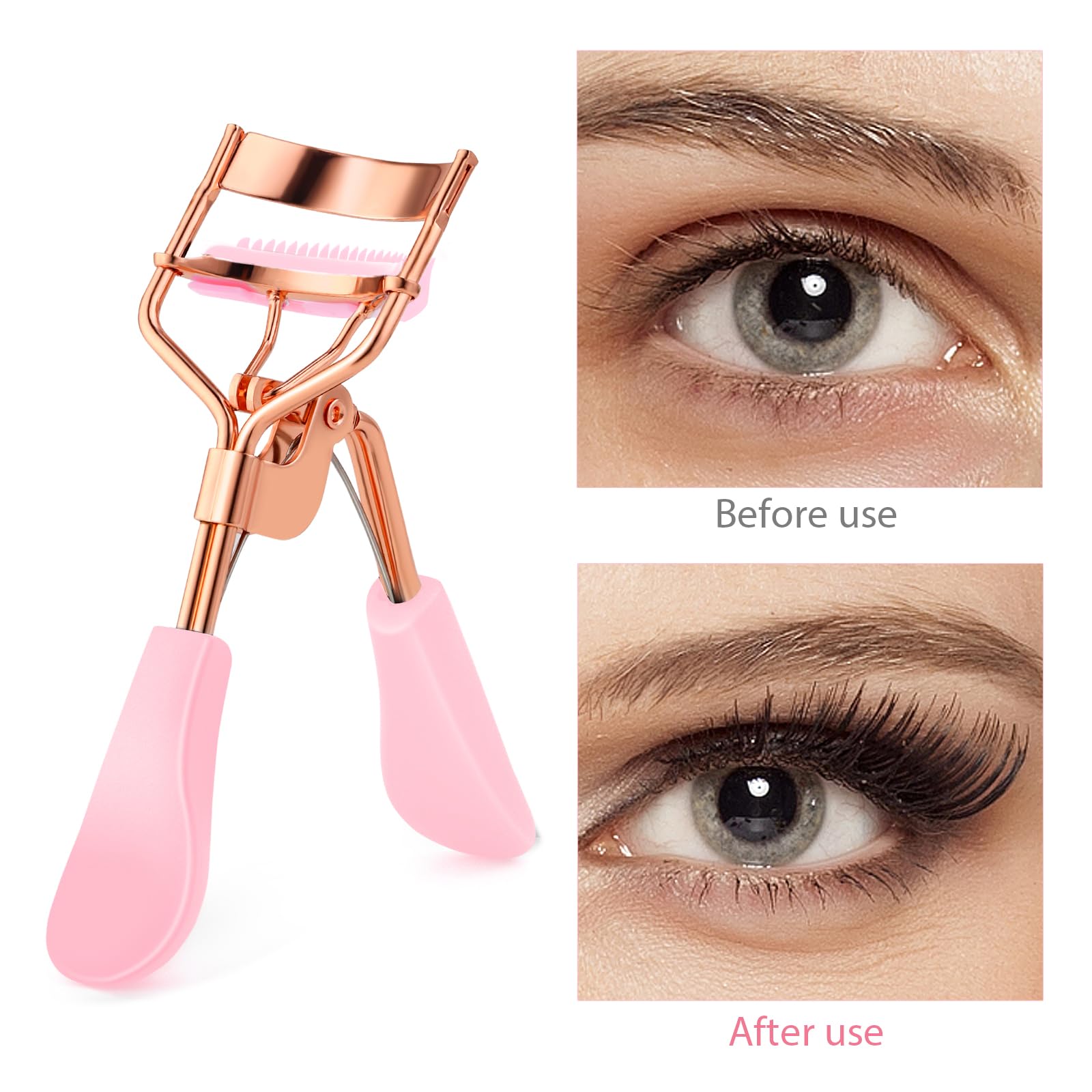 Rizador de pestañas de acero inoxidable con 10 almohadillas de repuesto de silicona, herramienta de maquillaje profesional con peine integrado para mujeres y niñas de todas las formas de ojos
