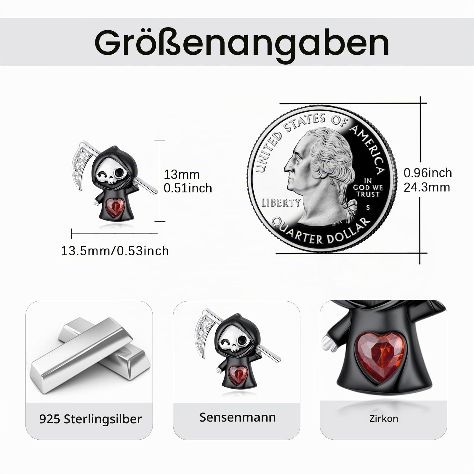 Reaper Ohrringe 925 Sterling Silber Schwarze Sensenmann Ohrringe Kleine Skelett Ohrstecker Halloween Gothic Sensenmann Schmuck Party Geschenk für Damen Männer