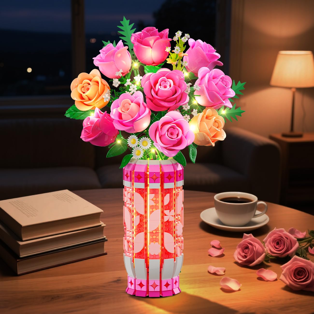 CUBIMANA Romantic Pink Roses Bouquet Building Set including Vase & LED Light, 845PCS Flowers Botanical Building Blocks Toys - Image 4