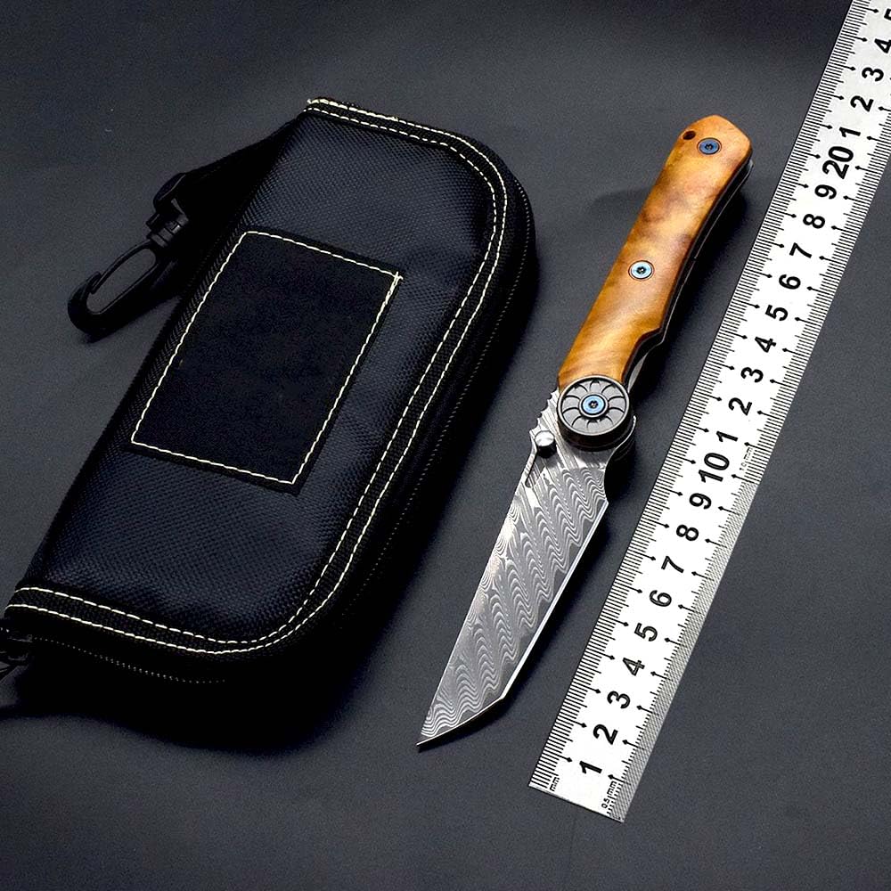 Taschenmesser slim klappmesser Damast 7.5cm VG10 Damaststahl Holzgriff Grün Stabilisiertes Holz Faltbar Edc tanto messer flipper Damaszener geschmiedet ‌einhandmesser mit lederscheide,Premium Eleganz