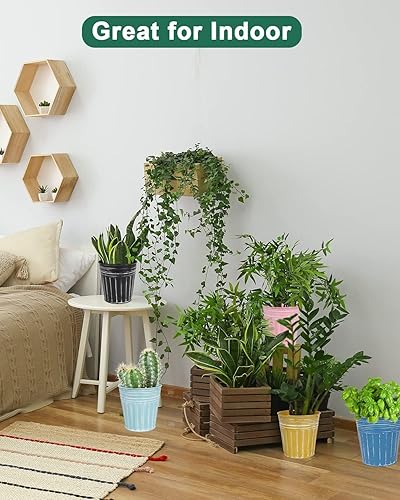 Miniatura 8 de vensovo Macetas rústicas de metal de 6 pulgadas, 6 macetas galvanizadas medianas de color gris y verde con orificio de drenaje y tapón de goma,