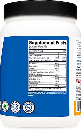 Miniatura 5 de Nutricost Polvo complejo pre-entrenamiento (60 porciones, mango melocotón) - Suplemento preentrenamiento con beta-alanina, taurina y aminoácidos