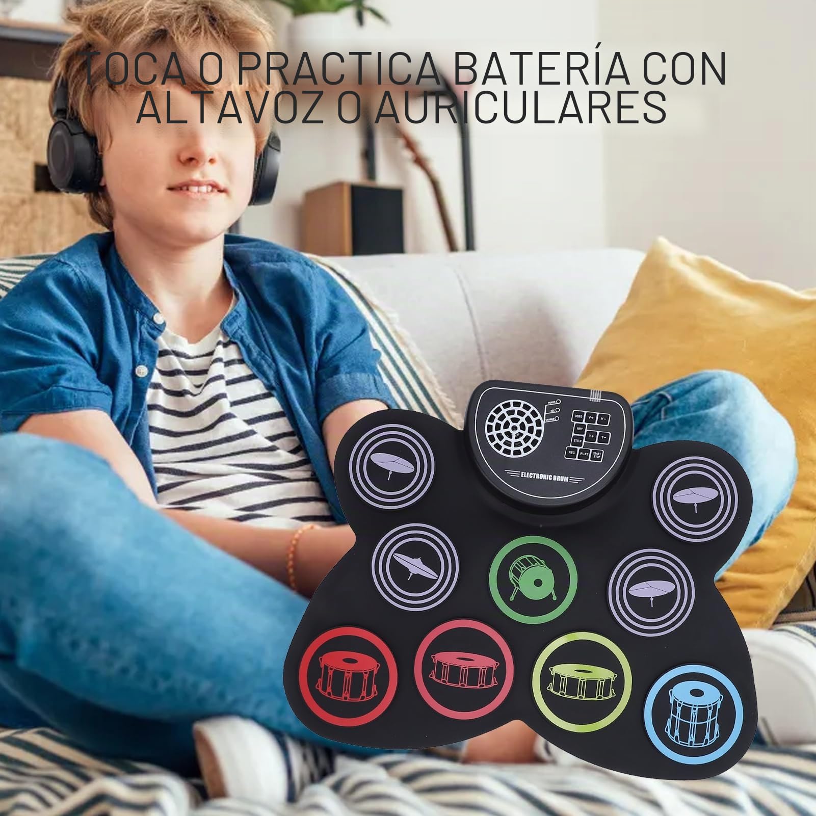 Batería Electrónica, Portátil Multifuncional 9 Pads Roll Up Drum Pad, Batería Eléctrica Portátil con Pedales Baquetas, Conector para Auriculares, Altavoz Doble Incorporado