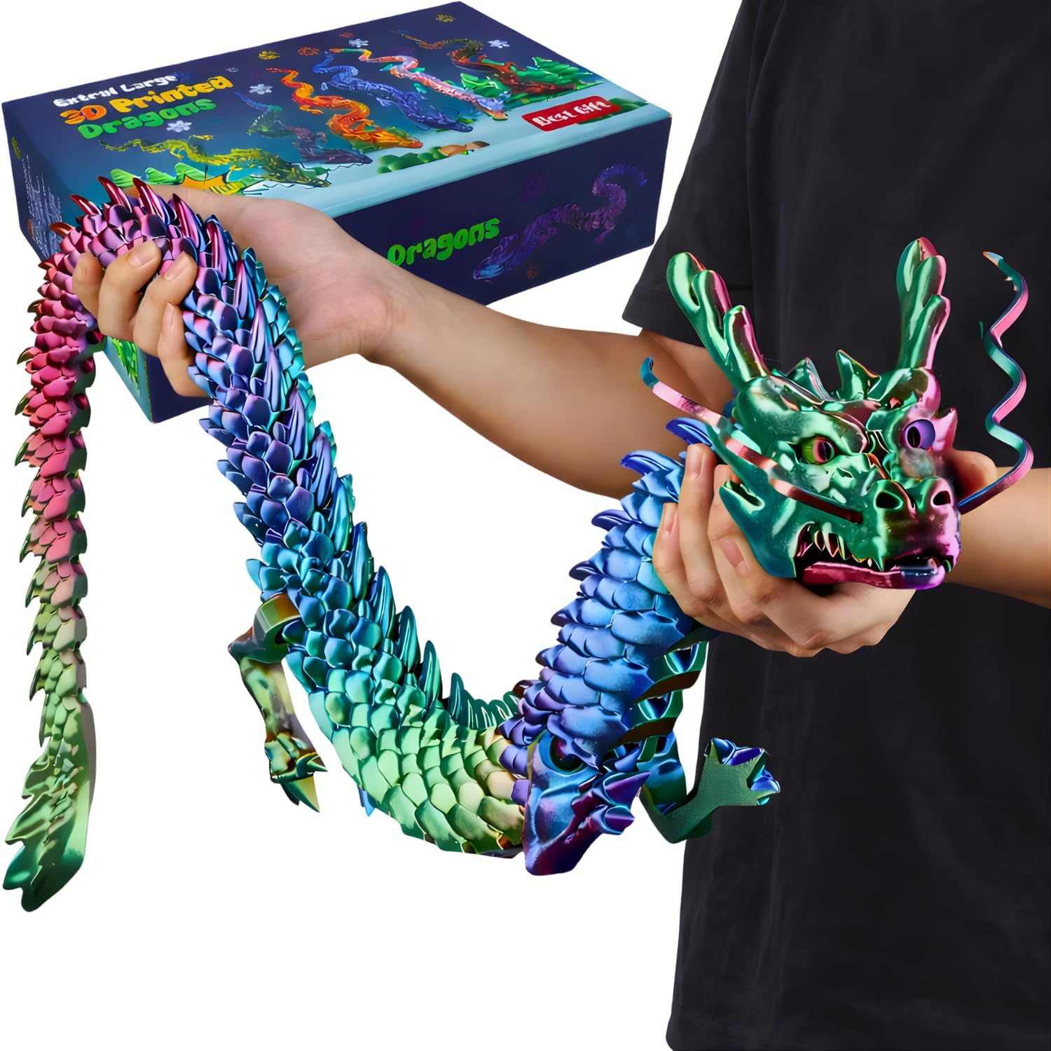 35.4'' Extra Large 3D Printed Dragon Toy, Fully Articulated Giant Chinese Dragon Fidget, Collectible Office Desk Decor, Surprise Stress Relief Gifts for Kids & Adults (Green Gradient)