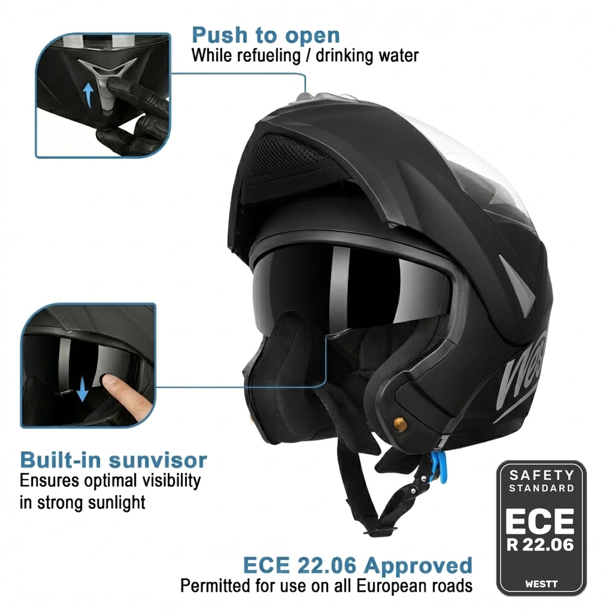 Westt Casco Modular Moto con certificación ECE 22.06 Casco Integral con Viseras Dobles, Casco de Moto para Hombre y Mujer, Casco Jet con mentonera y Forro Lavable, para Scooter, ciclomotore y Scooter