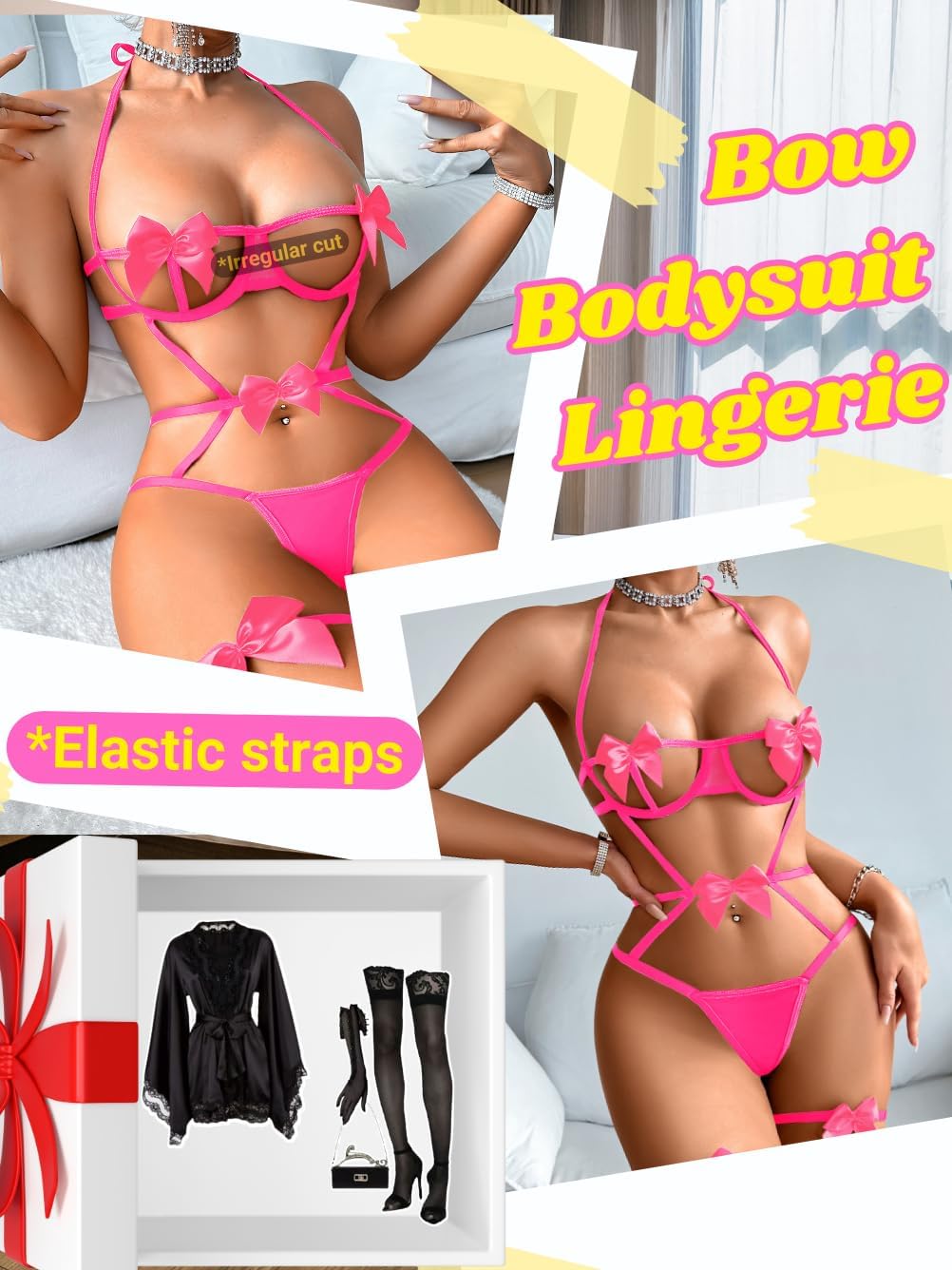 Kaei&Shi Women'S Bow Bodysuit,Cutout Design Bodysuit With Thong,Garter Attachments,Valentine Party Outfit - Image 5