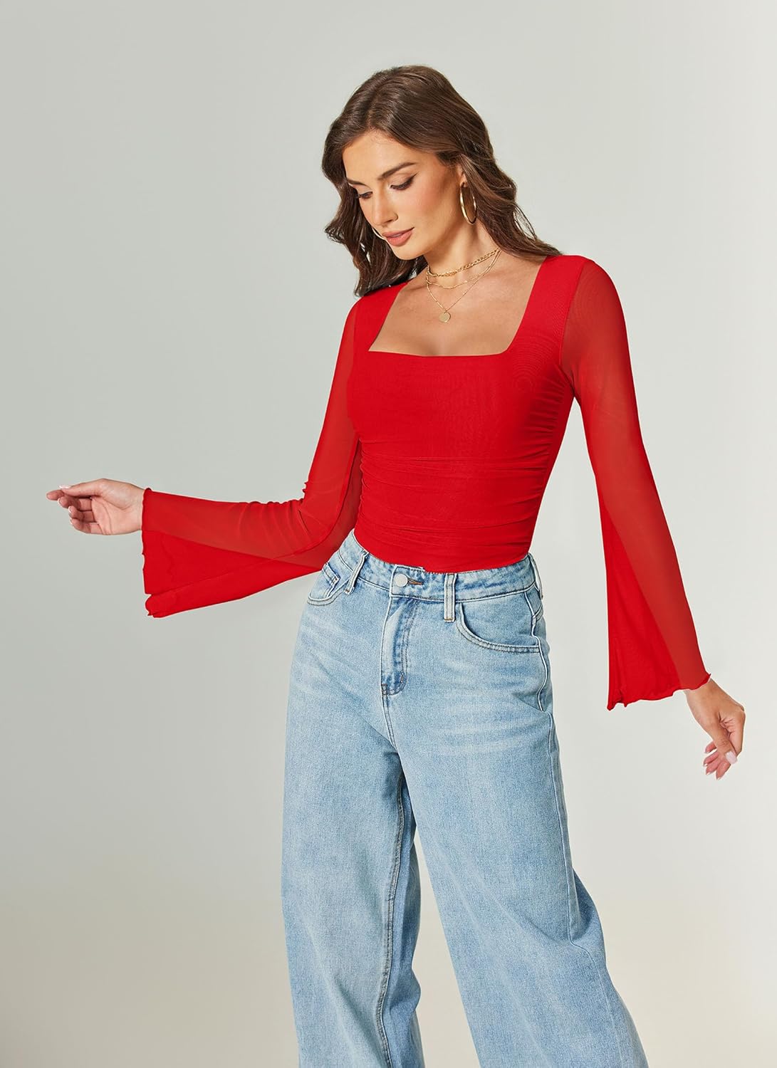 Avidlove Bodysuits for Women Long Bell Sleeve Mesh Square Neck Body Suits Going Out Tops Country Concert Outfits - Image 2