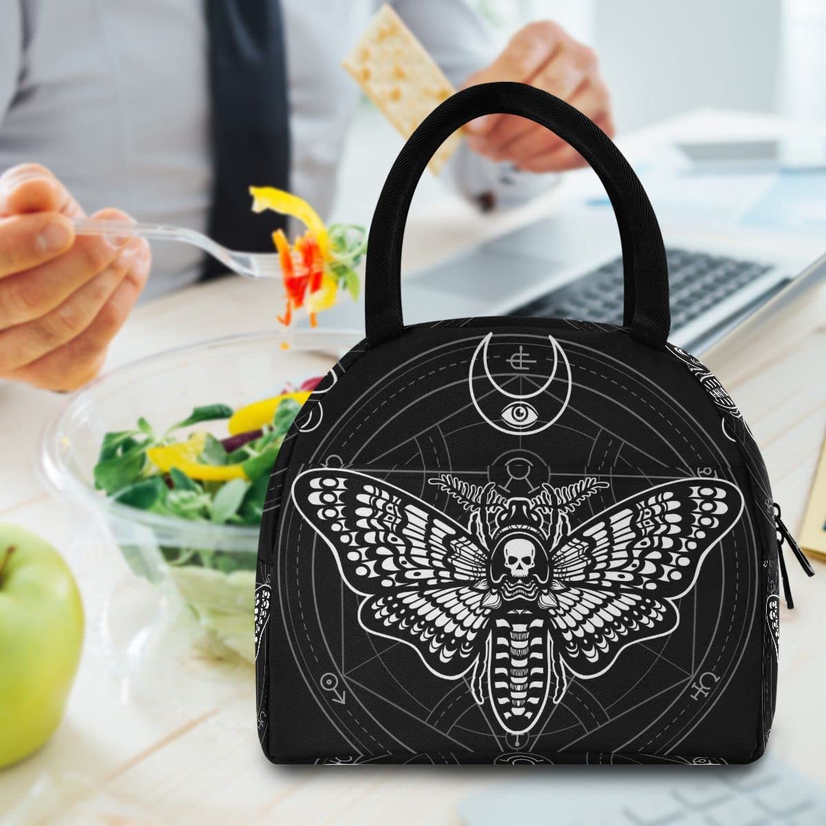 MNSRUU Lunch Bag Women Men, Black Skull Moth Portable Insulated Lunch Bag Reusable Thermal Meal Tote Cooler Bag Organizer for Adult Work with Handle