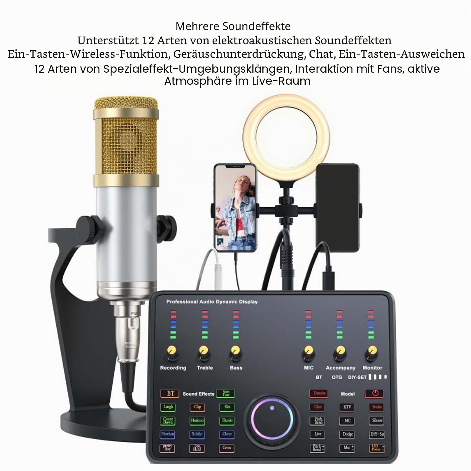 Live-Soundkarte, 12 Arten von Soundeffekt-Soundboard-Sprach Wechsler, Unterstützung 2 Mic, Podcast-Geräte-Bundle für PC-Gaming-Live-Streaming-Podcast
