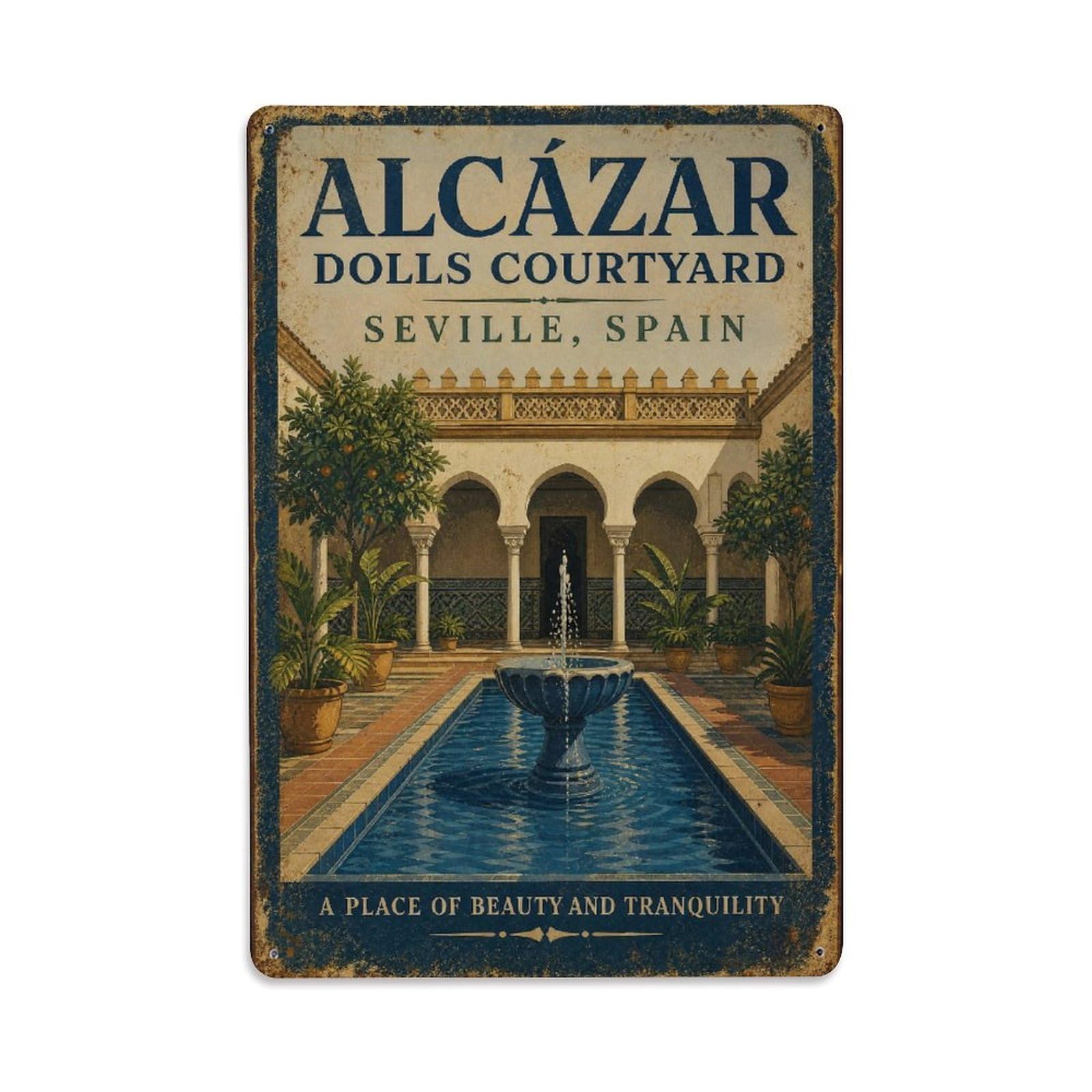 Yrnq 08X12inch Vintage Style Vintage Alcazar Dolls Courtyard Fountain Arches Spain Metal Tin Sign