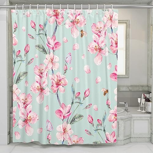 Miniatura 8 de Shower Curtain with Hook Vintage Spring Garden Flower Cherry Peach Pear Cherry Apple Butterfly Plant Branch 36x72 Inch Stall Size Bathroom
