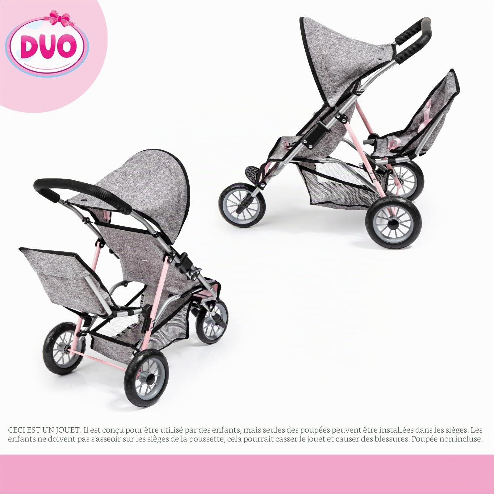 Bayer Design 39133AA Landau Jumeaux pour poupée, Poussette Tandem Double Jouet, Jean Look Gris, Rose, Papillon