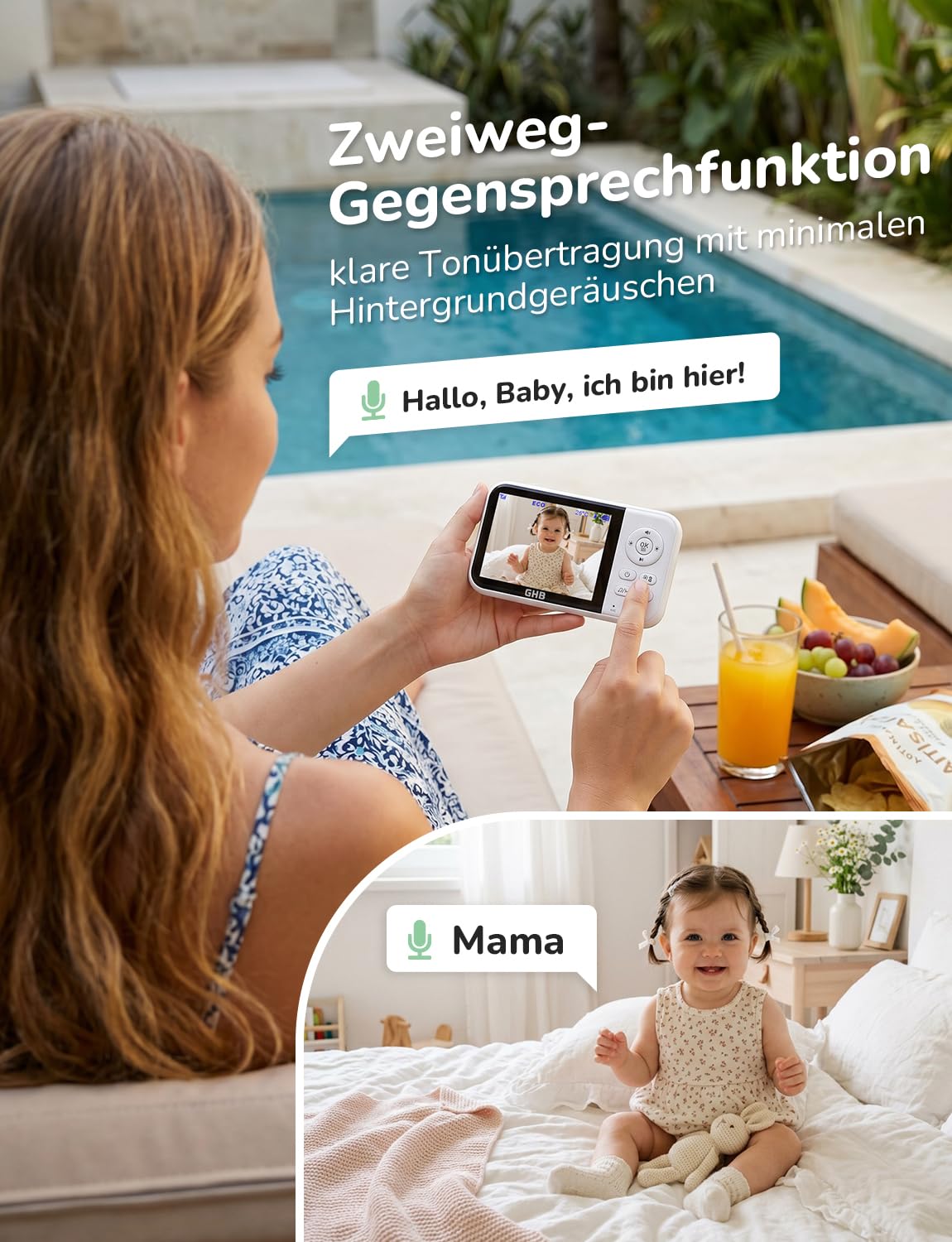 GHB Babyphone mit Kamera 3,2 Zoll LCD 2100 mAh Akku ECO Modus 60 Stunden 2X Zoom Gegensprechen Temperatursensor Nachtsicht