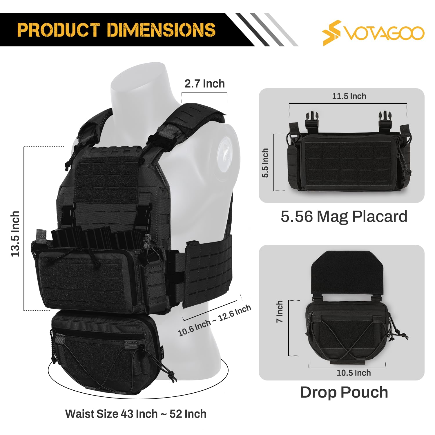 VOTAGOO GEAR 500D Schnellverschluss Modularer Plattenträger Herren Trainingsweste mit Fallbeutel, verstellbare Trainingsweste für Outdoor