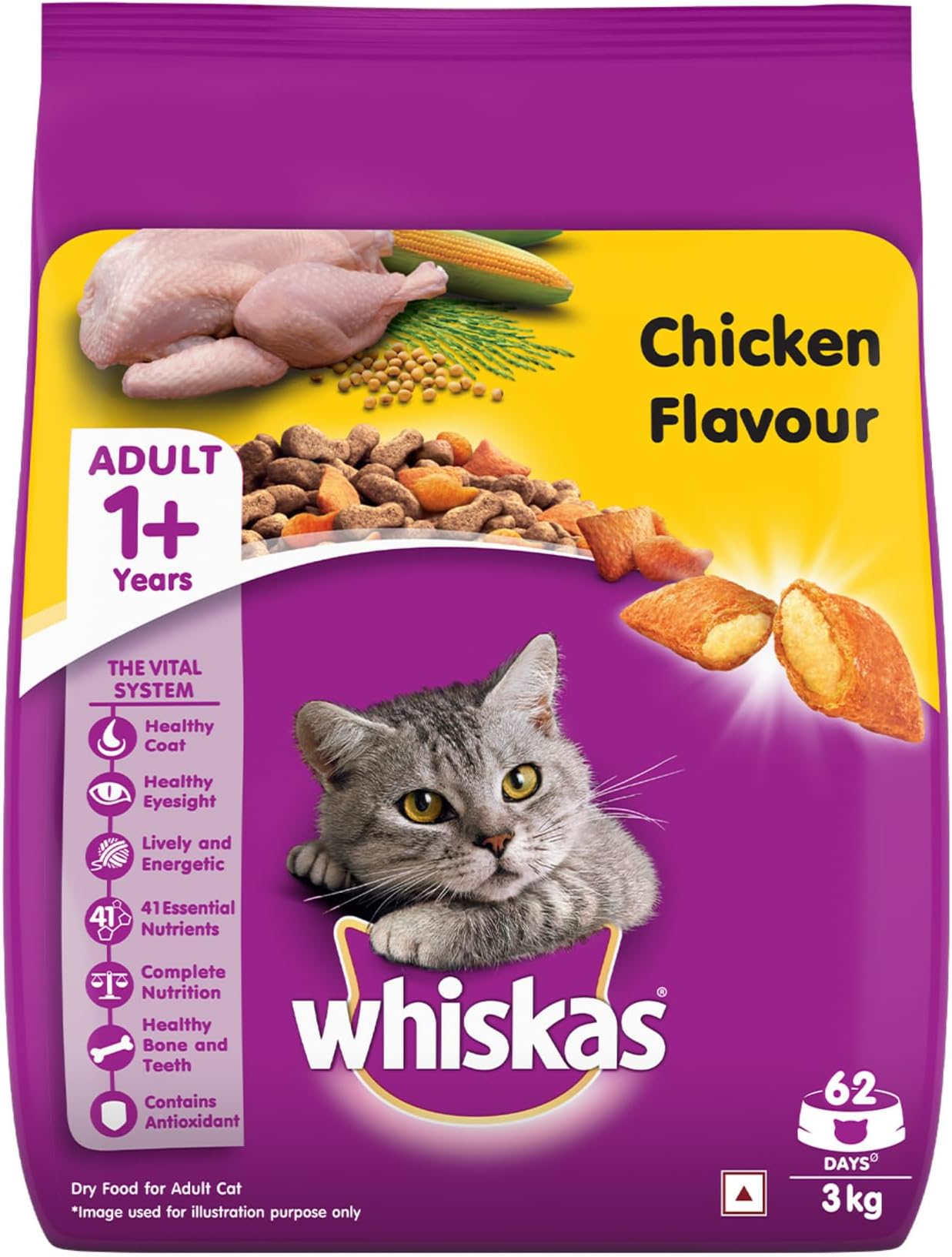 Whiskas Dry Cat Food for Adult Cats (1+ Years), Chicken Flavour, 3 kg,Pack of 1