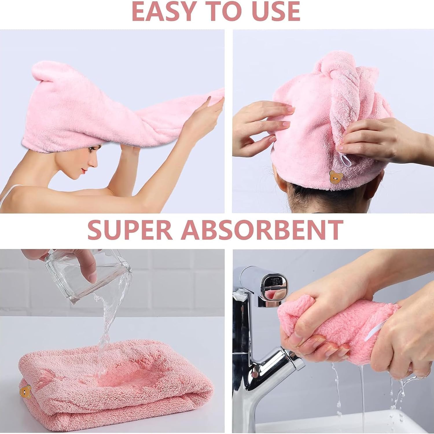 Fuelbyte 4 Pcs Hair Towel Wrap for Women-Quick Drying Microfiber Towel for Hair with Elastic Loop for Tying-Super Absorbent Head Towels Wrap for Ladies Hair Turban