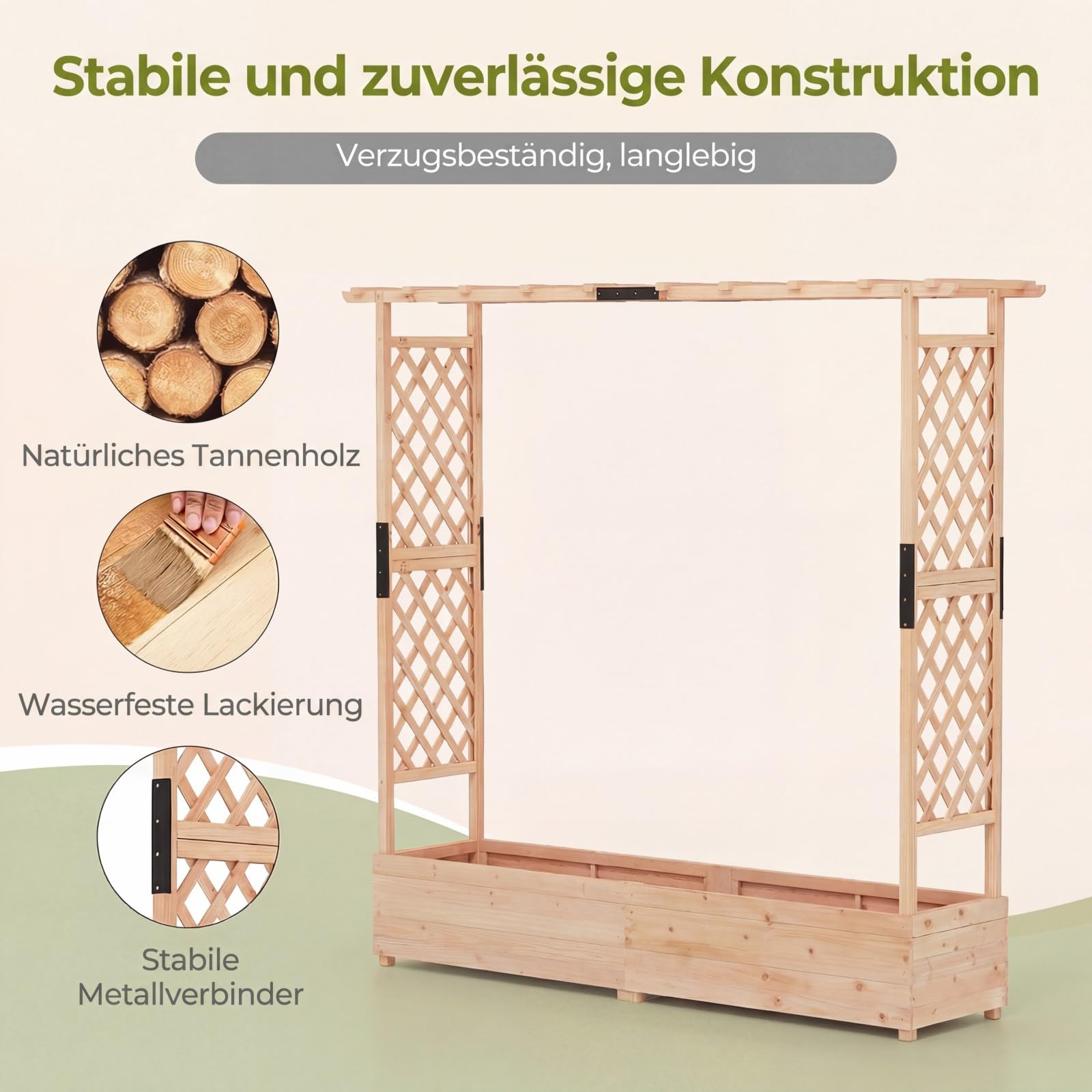 COSTWAY Blumenkasten mit Rankgitter & hängendem Dach, Pflanzkasten mit Rankhilfe, Hochbeet für Kletterpflanzen & hängende Körbe, für Garten Hof Terrasse, Pflanzkübel Holz, 196 x 44 x 182 cm (Natur)