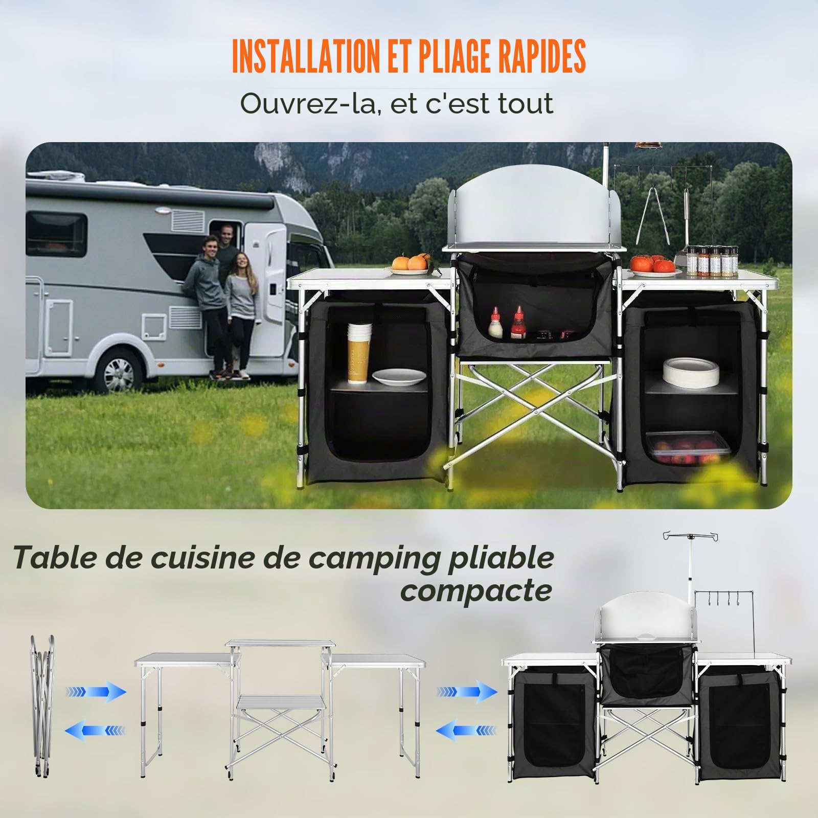 VEVOR Cuisine de Camping 174 x 176 x 46 cm Armoire de Camping Pliable Structure en Alu Grand Comptoir Meuble de Cuisine avec Pare-Brise 5 Compartiments avec Sac de Transport Noir pour BBQ Pique-Nique