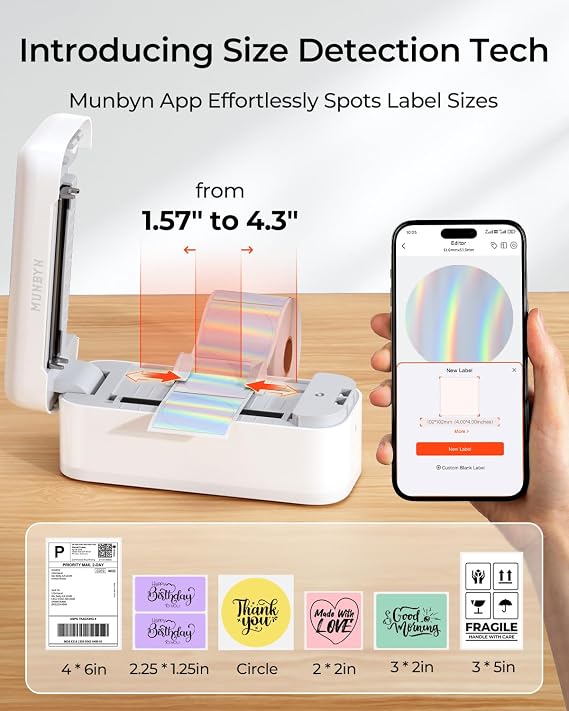 MUNBYN Bluetooth Shipping Label Printer, 4x6 Thermal Label Printer for Small Business, Compatible with iPhone, Android, Windows, macOS, Etsy, Shopify, eBay, Royal Mail, DHL, DPD, Evri, 402B, White