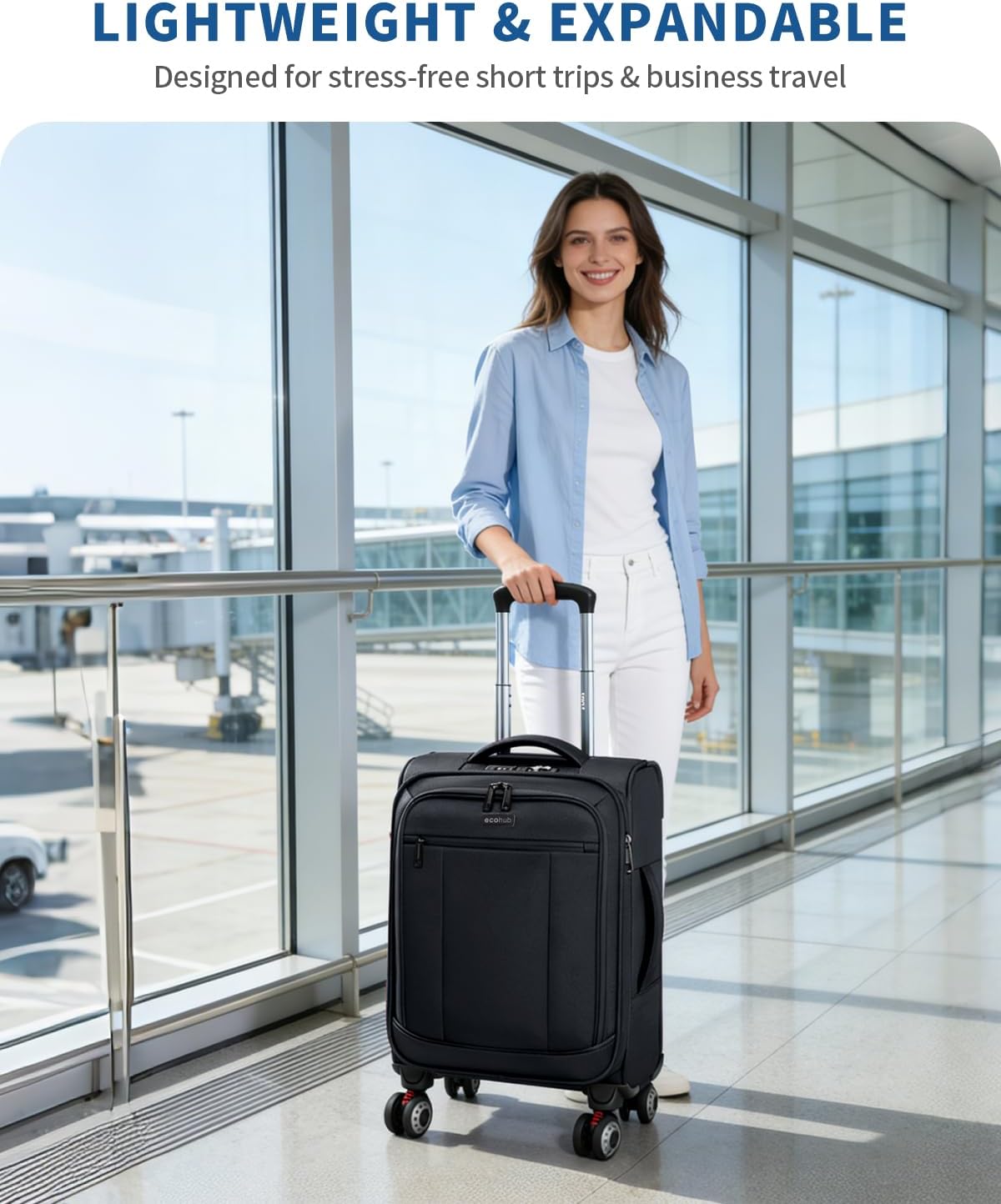 ECOHUB Carry On Luggage Airline Approved, 20 Inch Softside Carry On Suitcase with Spring Shock-Absorbing Spinner Wheels, Lightweight Travel Luggage with TSA Lock, 22x14x9 Carry-On Bag