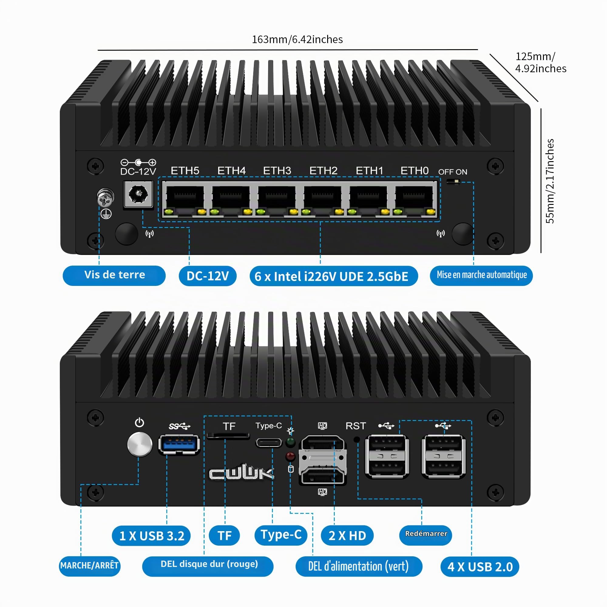 CWWK Mini PC N150 (Upgraded N100) Firewall Appliance, OPNsense Mini Computer mit 6 Port i226-V 2.5GbE LAN, F5 Fanless Micro PC DDR5 8GB RAM 128GB NVMe SSD, USB Typ-C, 3-Display