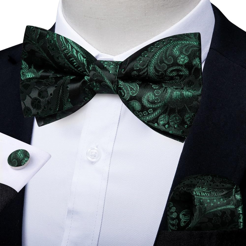 Adjustable Bowtie Business Wedding Handerchief Cufflinks Set Gifts Paisley Pre-Tied Bow Tie for Men