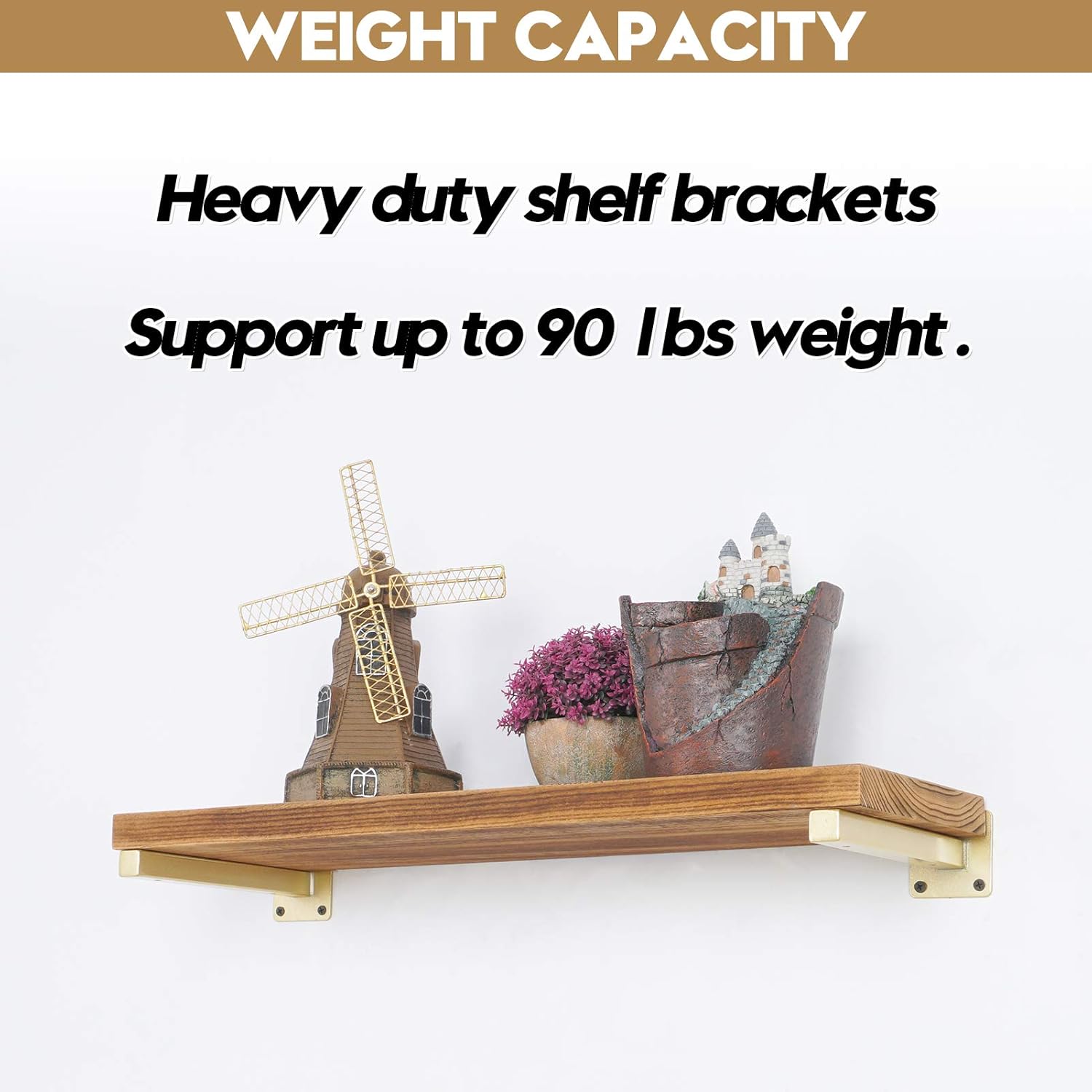 AddGrace 4 Pack Shelf Brackets Wall Mounted Gold Shelf Brackets Heavy Duty Metal Rustic Floating Shelf Bracket with Screws for DIY Open Shelving（Gold） 10"