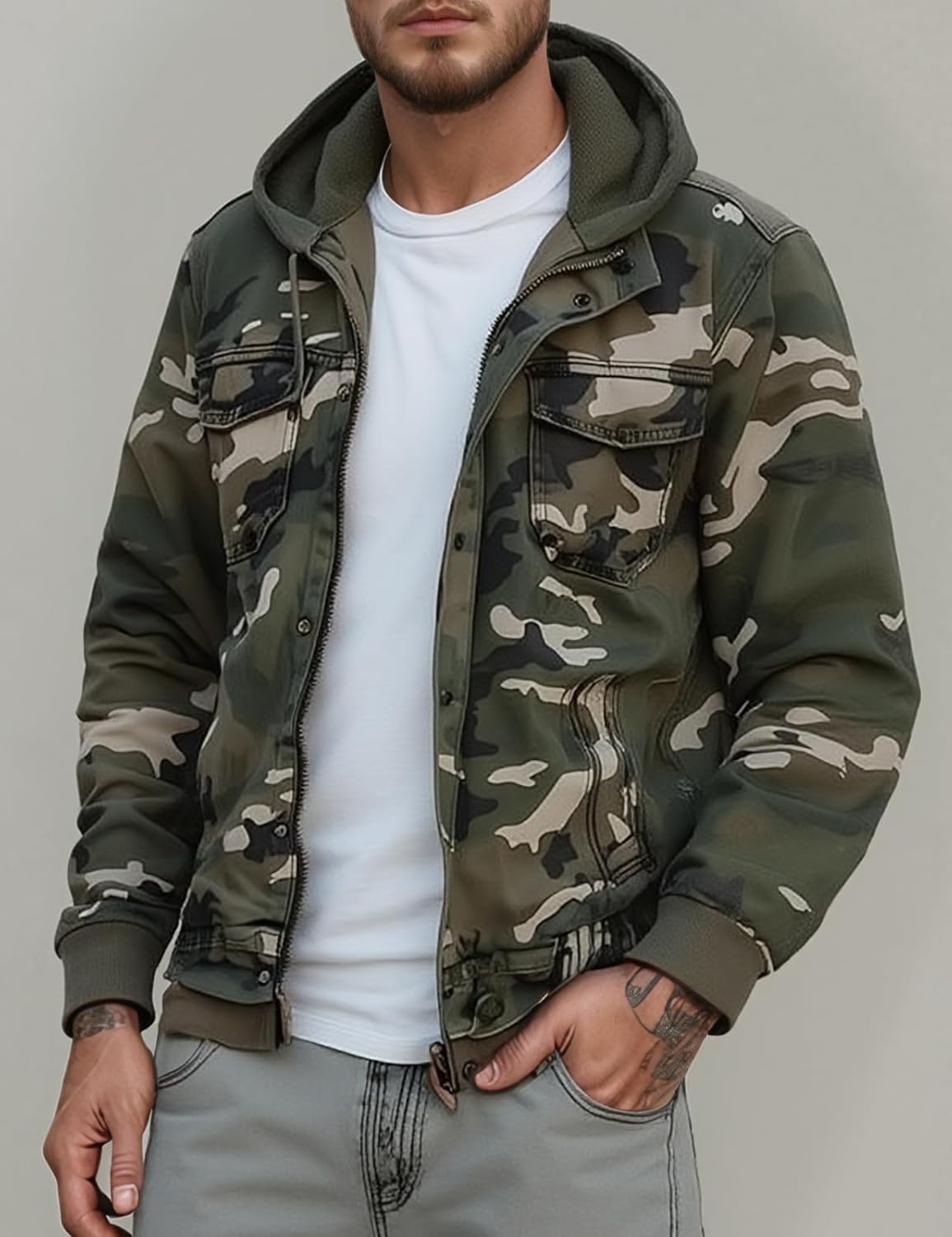 Camo Jacket for Men, Hooded, Cargo,Zipper, Multi-Pocket Military Style Coat for Outdoor & Casual Wear