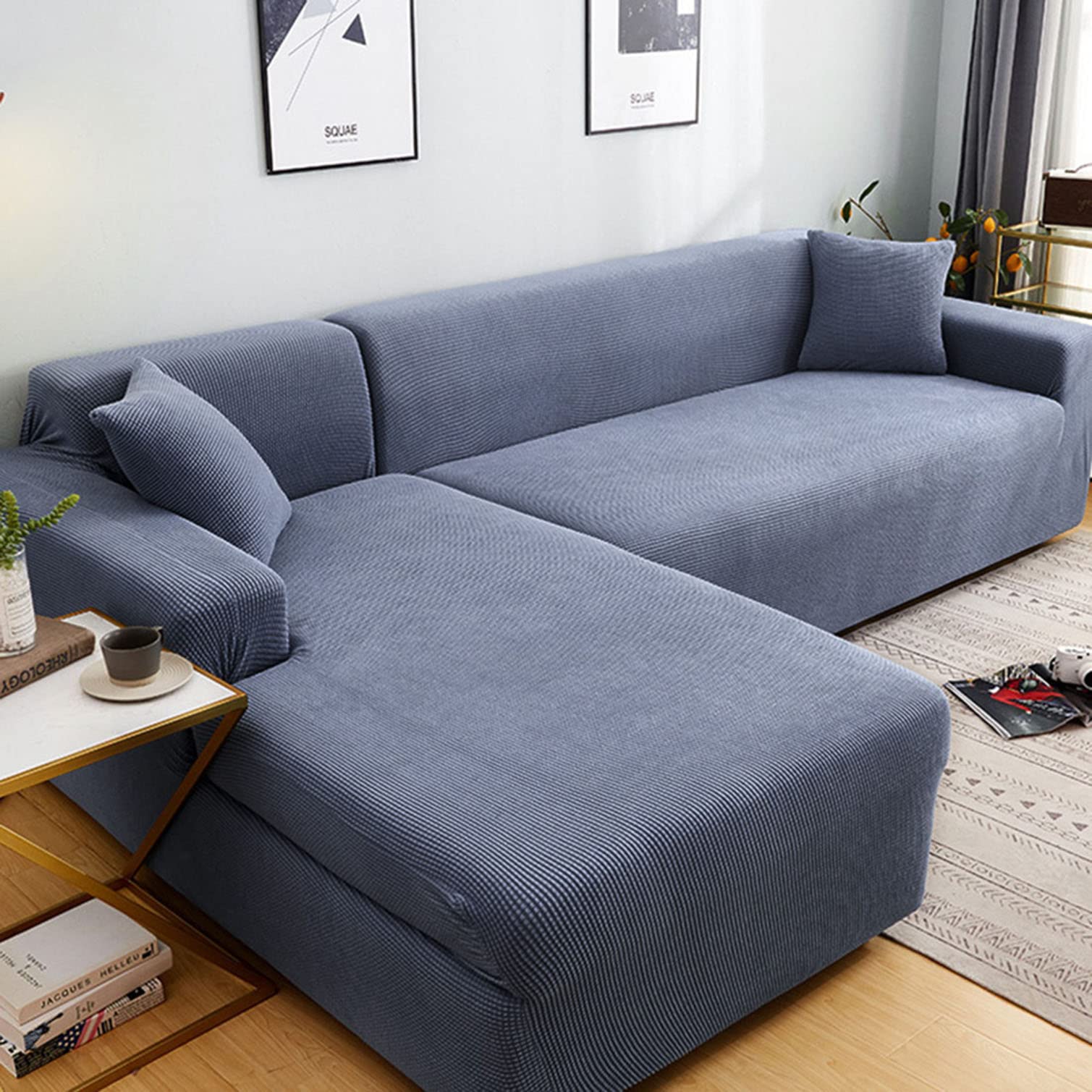 DFVEKYOW Stretch Sectional Sofa Cover L Shape Sofa Slipcovers Fabric Furniture Protector with Elastic Bottom Couch Covers for Living Room -blue-2-1 Seater(90-140cm)