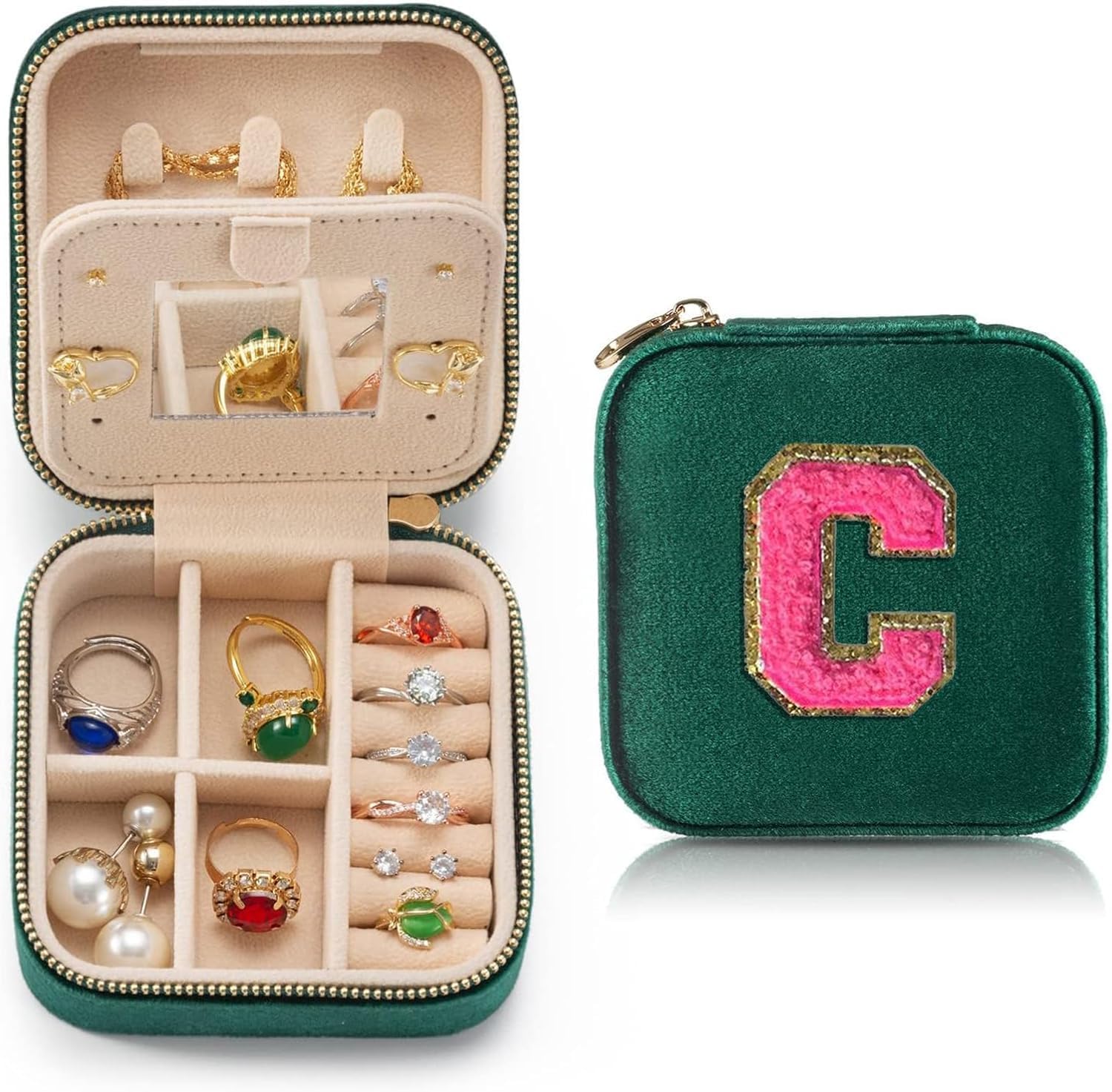 Velvet Travel Jewelry Case, Green, Initial C