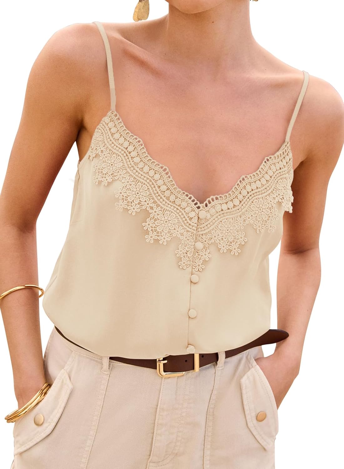 miduo Womens Satin V Neck Lace Trim Buttoned Cami Spaghetti Strap Camisole Sleeveless Tank Tops