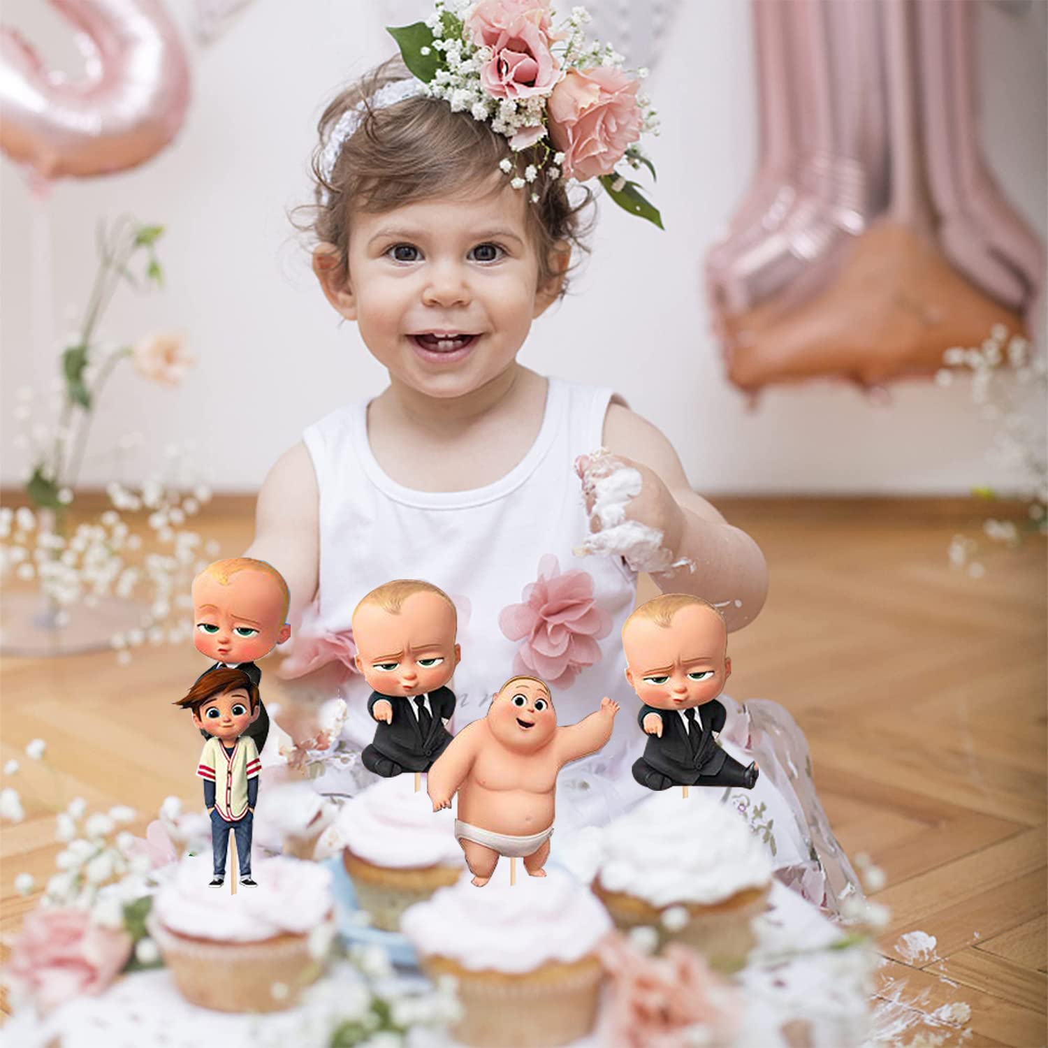 Party Propz Boss Baby Theme Decorations Combo Set - 52Pcs With Happy Birthday Banner, Metallic Balloons, Cake Toppers, Baby Boss Cup Cake Topper for Boys Bday Decorations Items /Kids Supplies 3