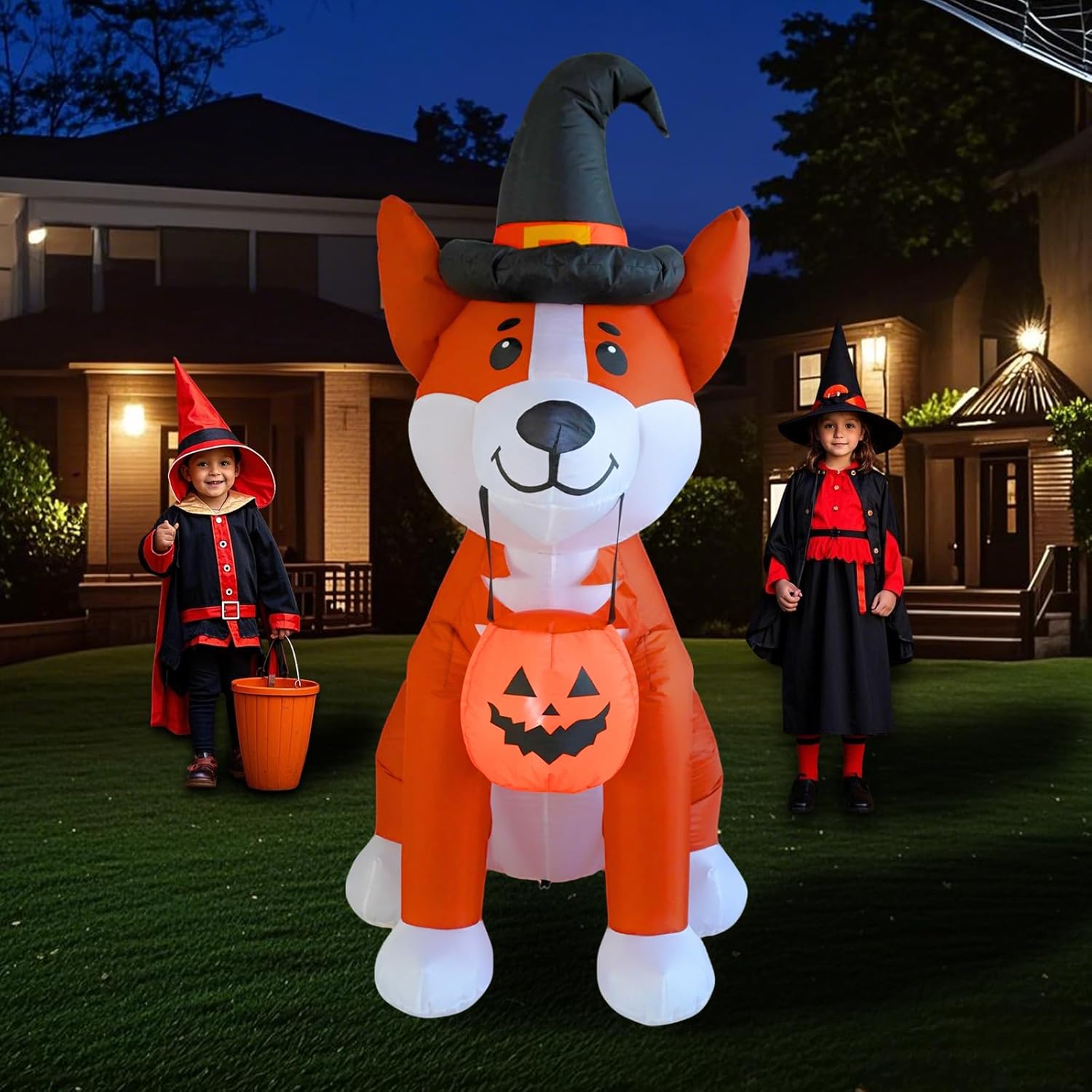 PTS 5FT Inflatable Corgi Dog with Pumpkin Outdoor Decoration, Halloween Blow Up Yard Decorations, Built-in LED Lights Inflatables Spooky Holiday Funny Decor for Indoor Lawn Garden