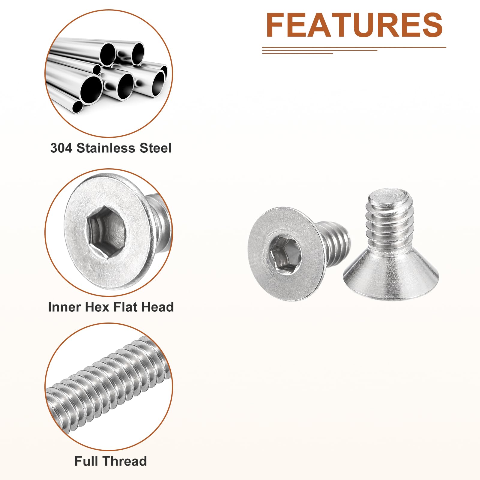 DTGN 1/4-20 x 1/2" Flat Head Socket Cap Screws, 30 Pack 304 Stainless Steel Hex Socket Flat Head Screws, Full Thread, Countersunk Bolts - Image 4