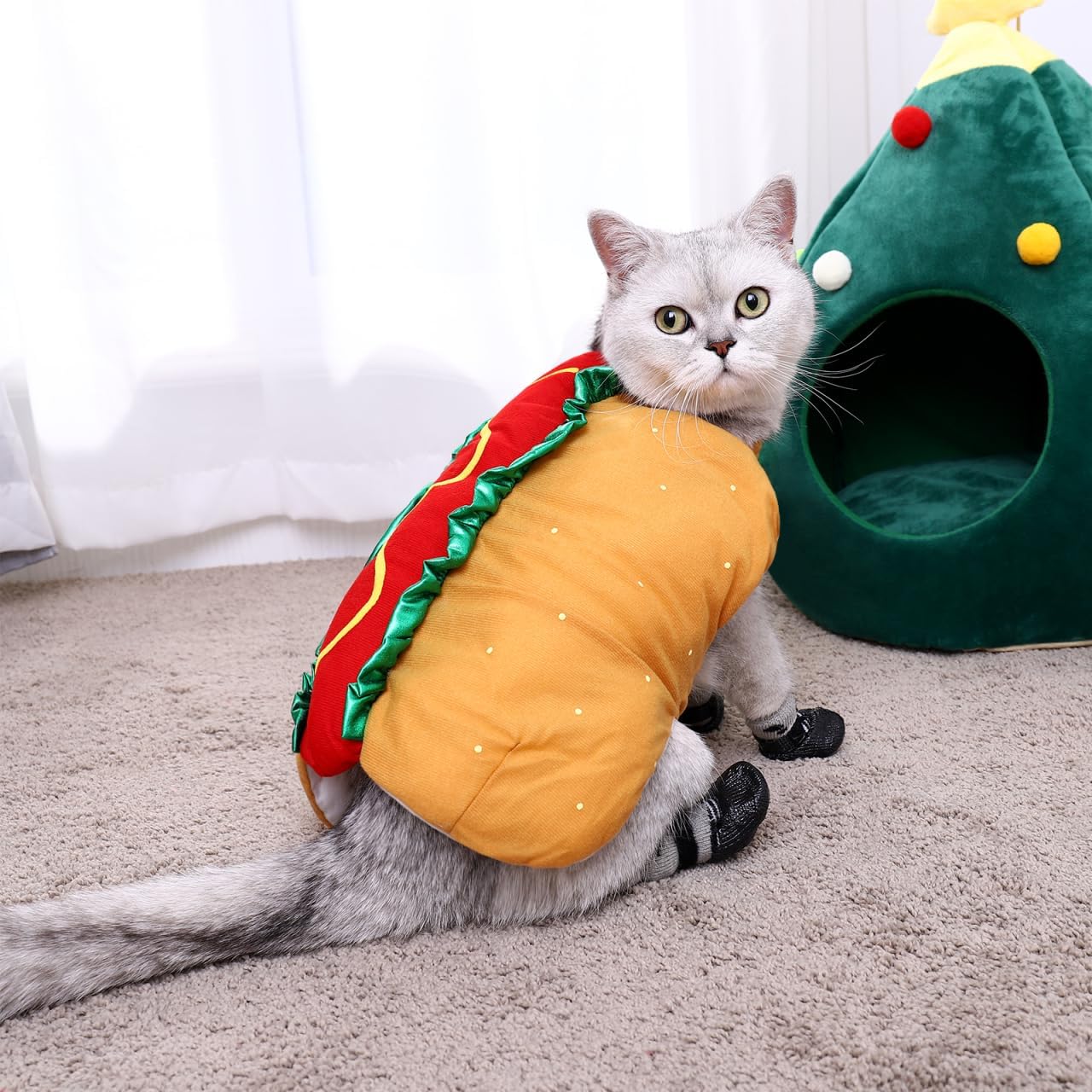 POPETPOP Hot Dog Design Pet Costume, Funny Warm Hoodie for Dogs and Cats, Halloween Christmas Apparel Cosplay for Puppies and Kitten - Size XS
